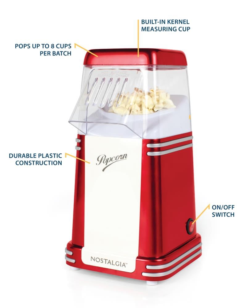 Máquina roja de palomitas de maíz de aire caliente en la encimera Nostalgia 0.25 tazas RHP-310