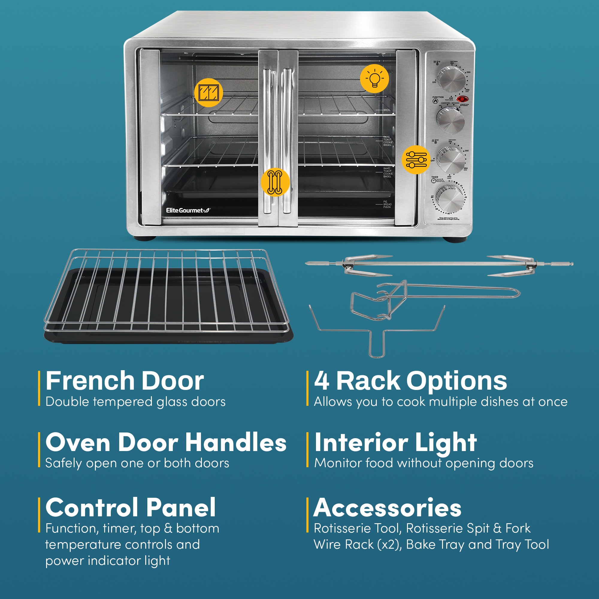 Horno Tostador de Convección Elite de 14 Rebanadas en Plata con Asador y Apagado Automático ETO4510B