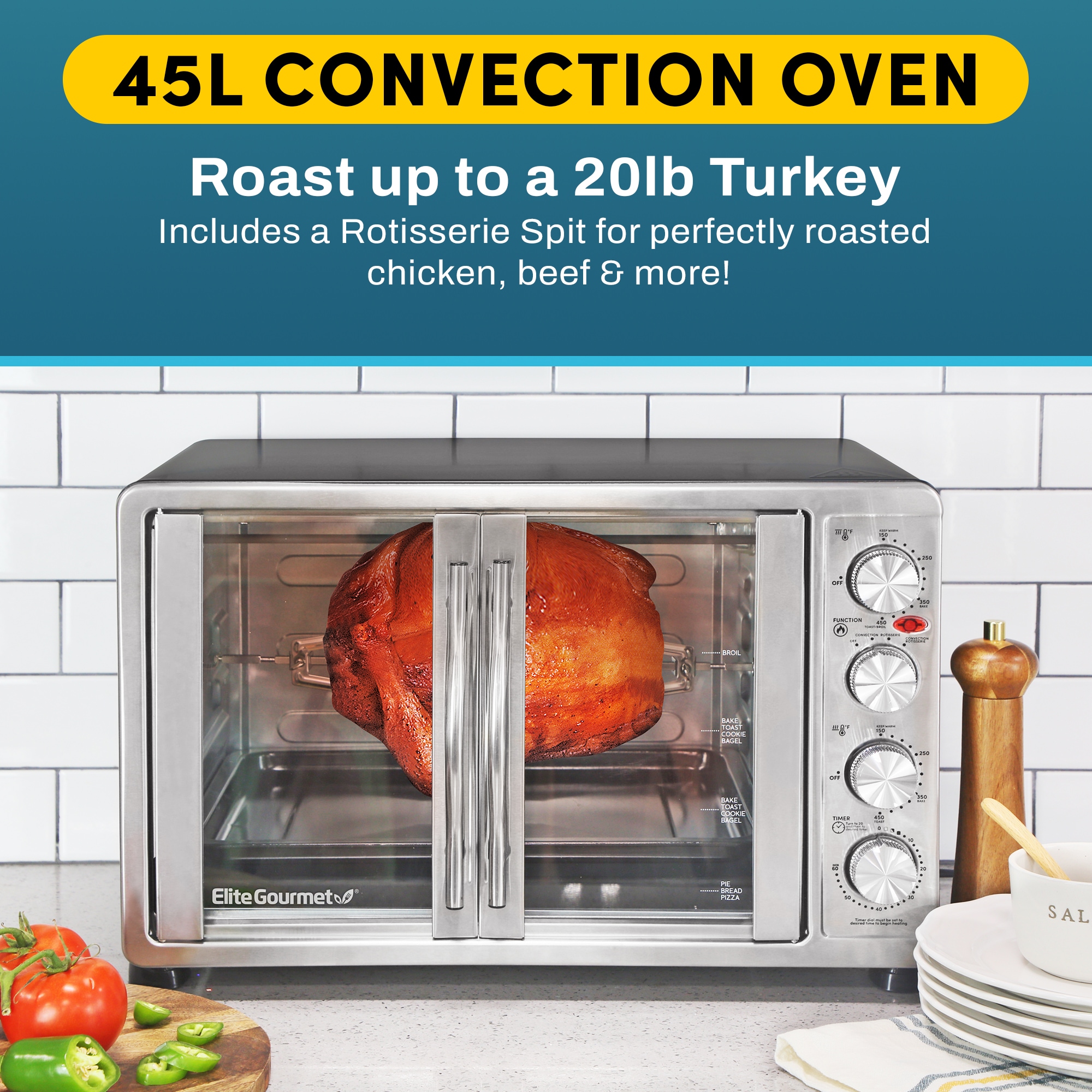 Horno Tostador de Convección Elite de 14 Rebanadas en Plata con Asador y Apagado Automático ETO4510B