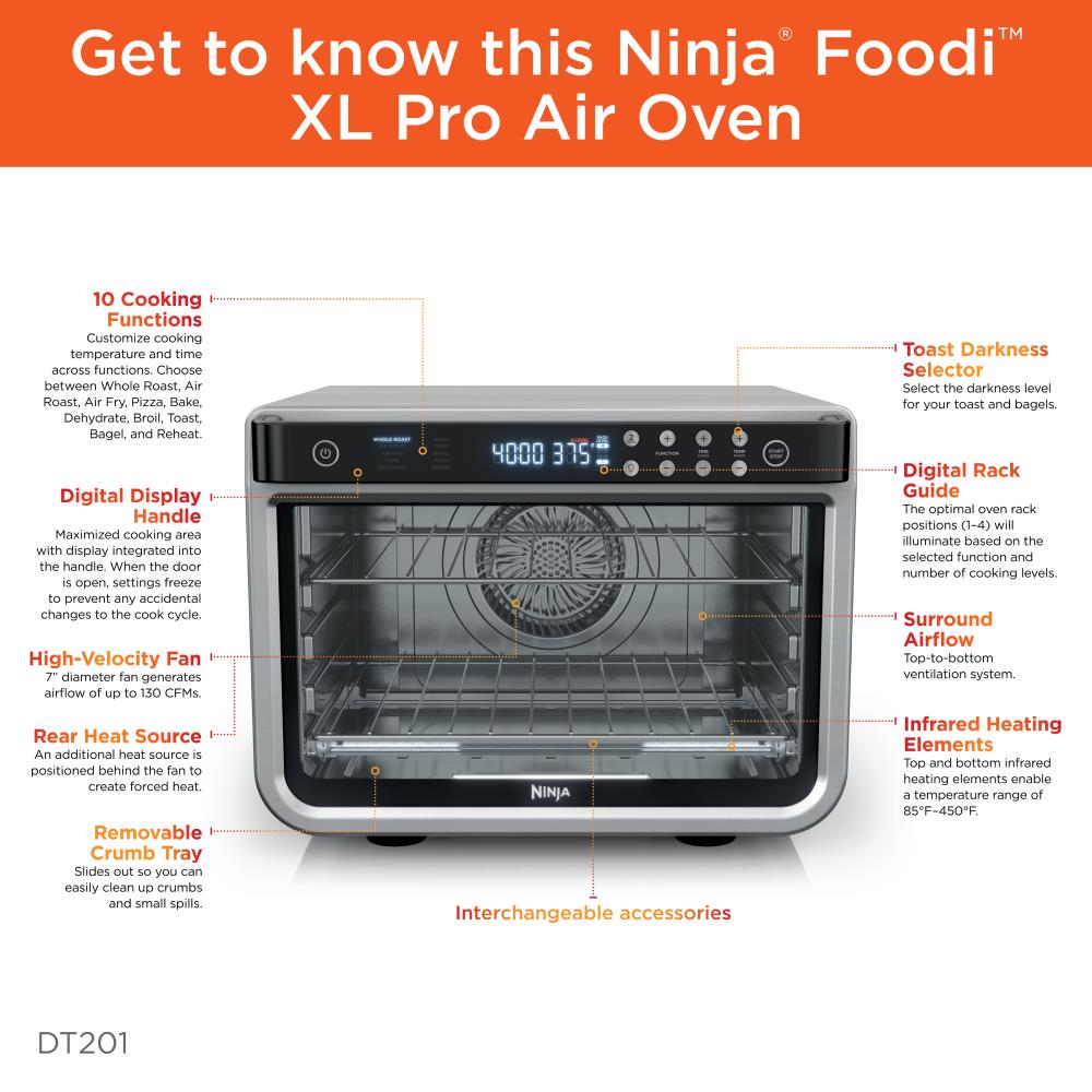 Horno tostador de convección de acero inoxidable de 6 rebanadas Ninja Foodi 10 en 1 XL Pro con apagado automático DT201.