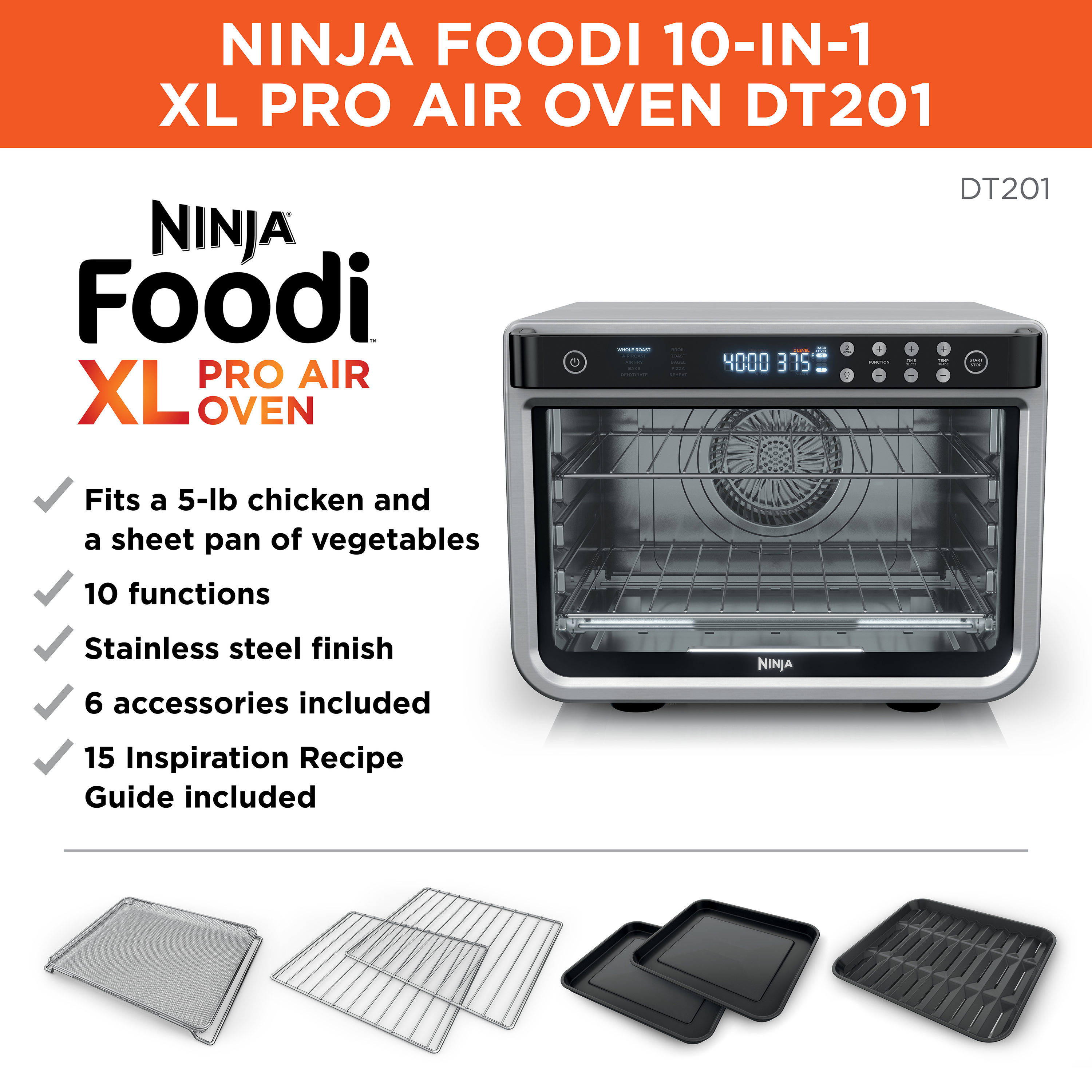 Horno tostador de convección de acero inoxidable de 6 rebanadas Ninja Foodi 10 en 1 XL Pro con apagado automático DT201.