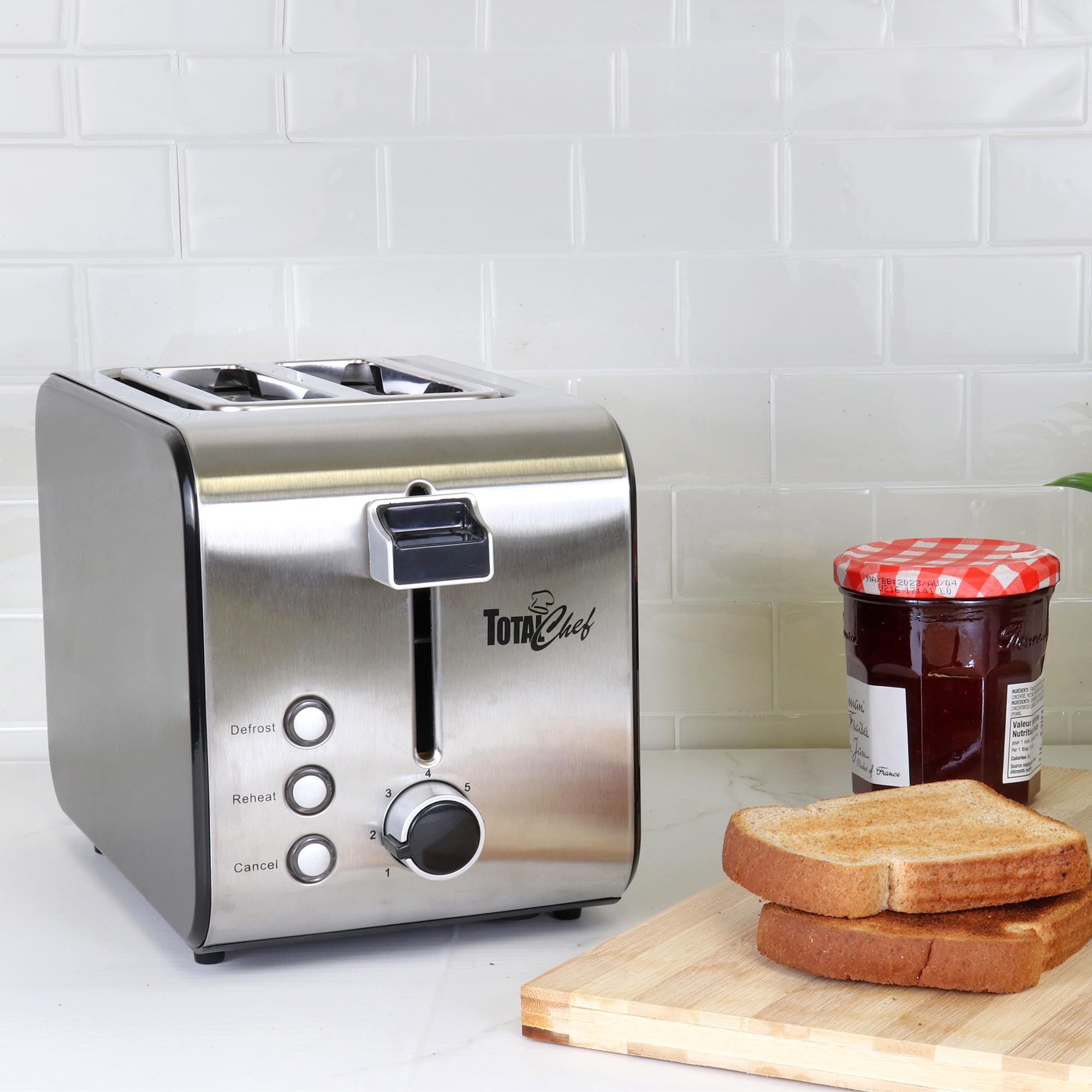 Tostador de 2 rebanadas de acero inoxidable Total Chef Koolatron con ranuras extras anchas y 7 niveles de tostado