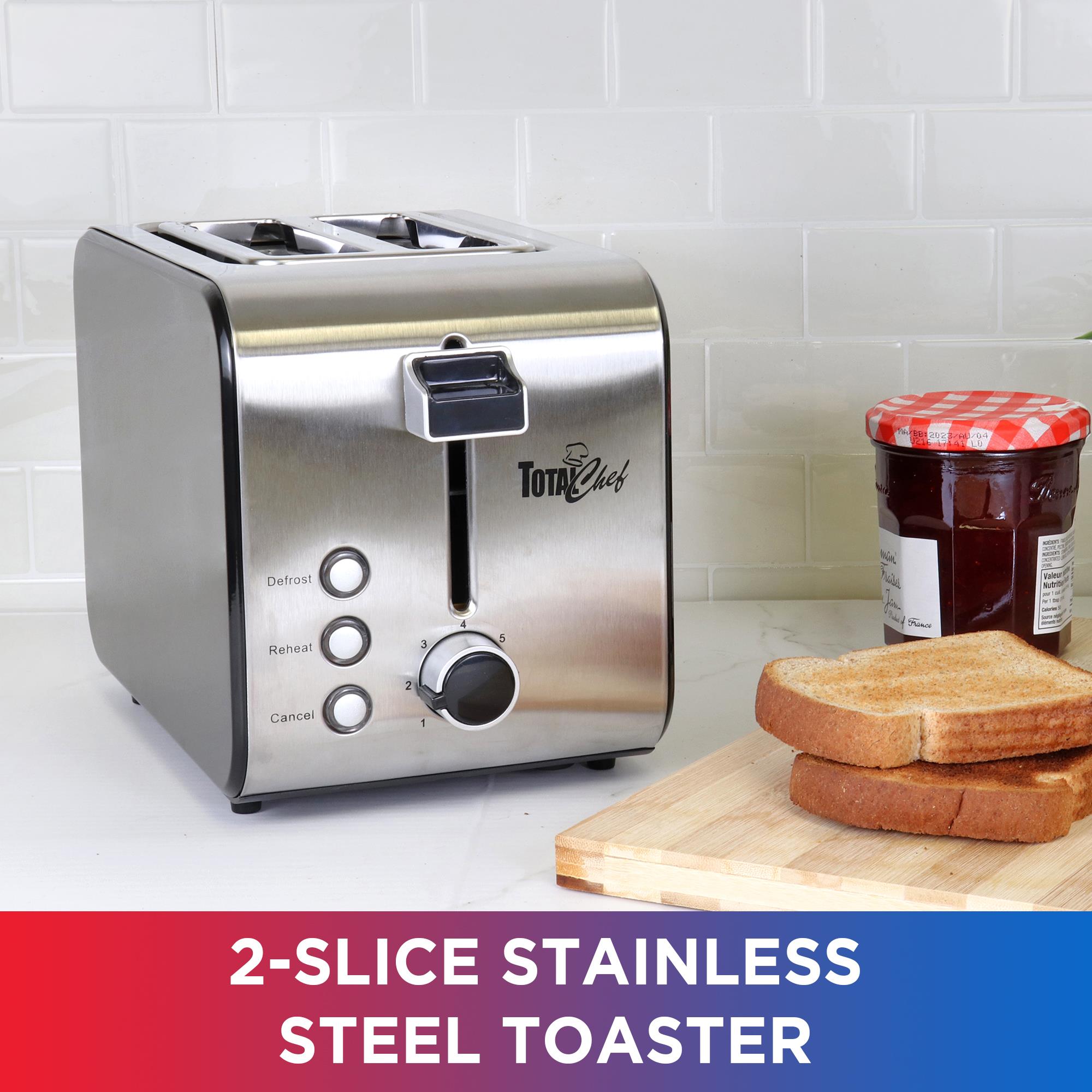Tostador de 2 rebanadas de acero inoxidable Total Chef Koolatron con ranuras extras anchas y 7 niveles de tostado
