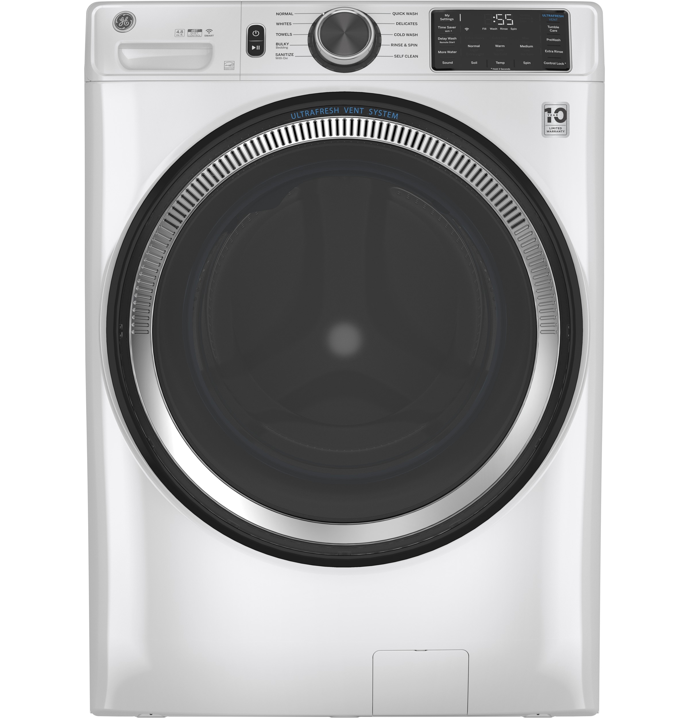 Lavadora frontal inteligente apilable de 4.8 pies cúbicos con sistema de ventilación UltraFresh de GE (Blanco) ENERGY STAR
