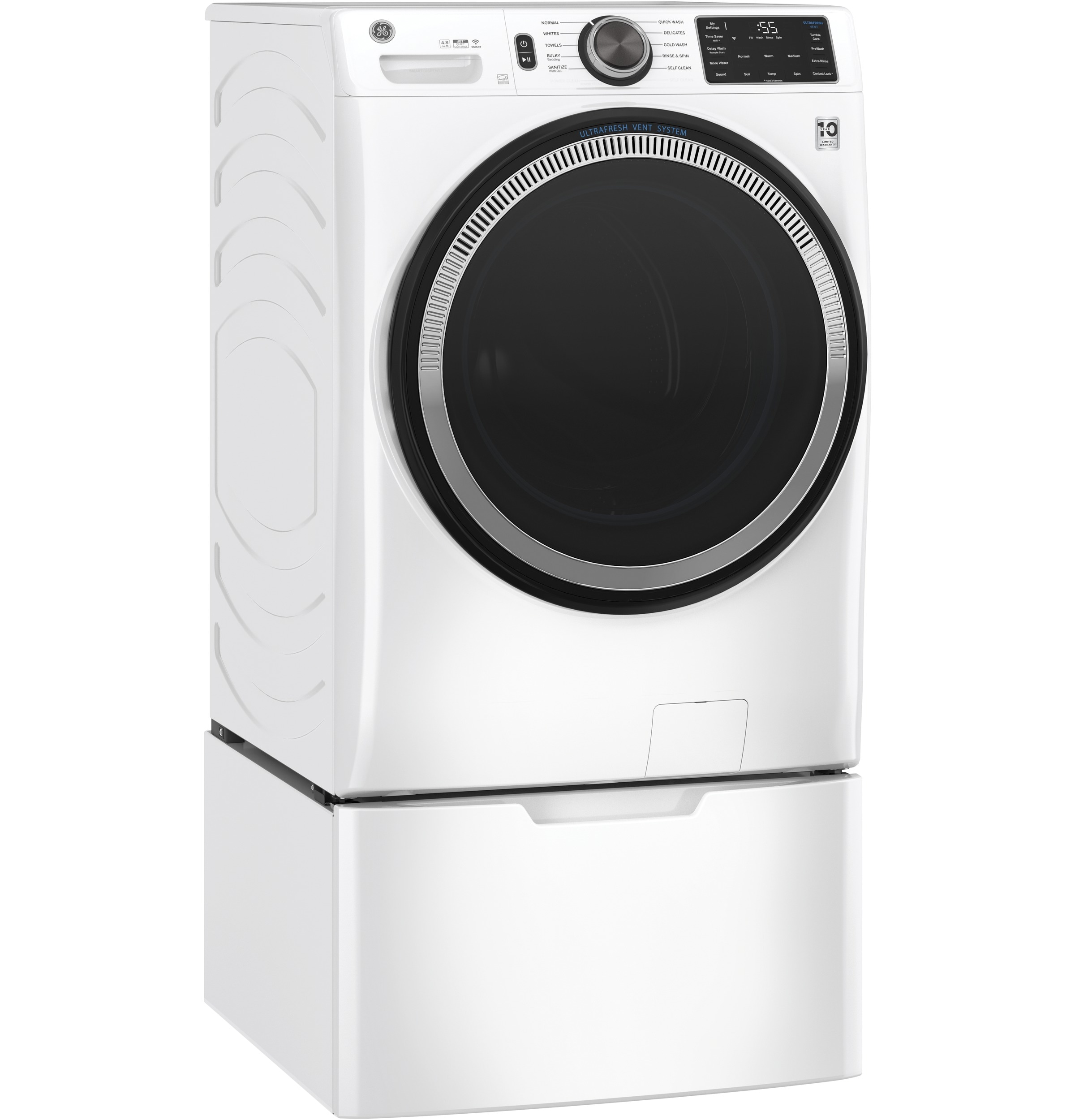 Lavadora frontal inteligente apilable de 4.8 pies cúbicos con sistema de ventilación UltraFresh de GE (Blanco) ENERGY STAR
