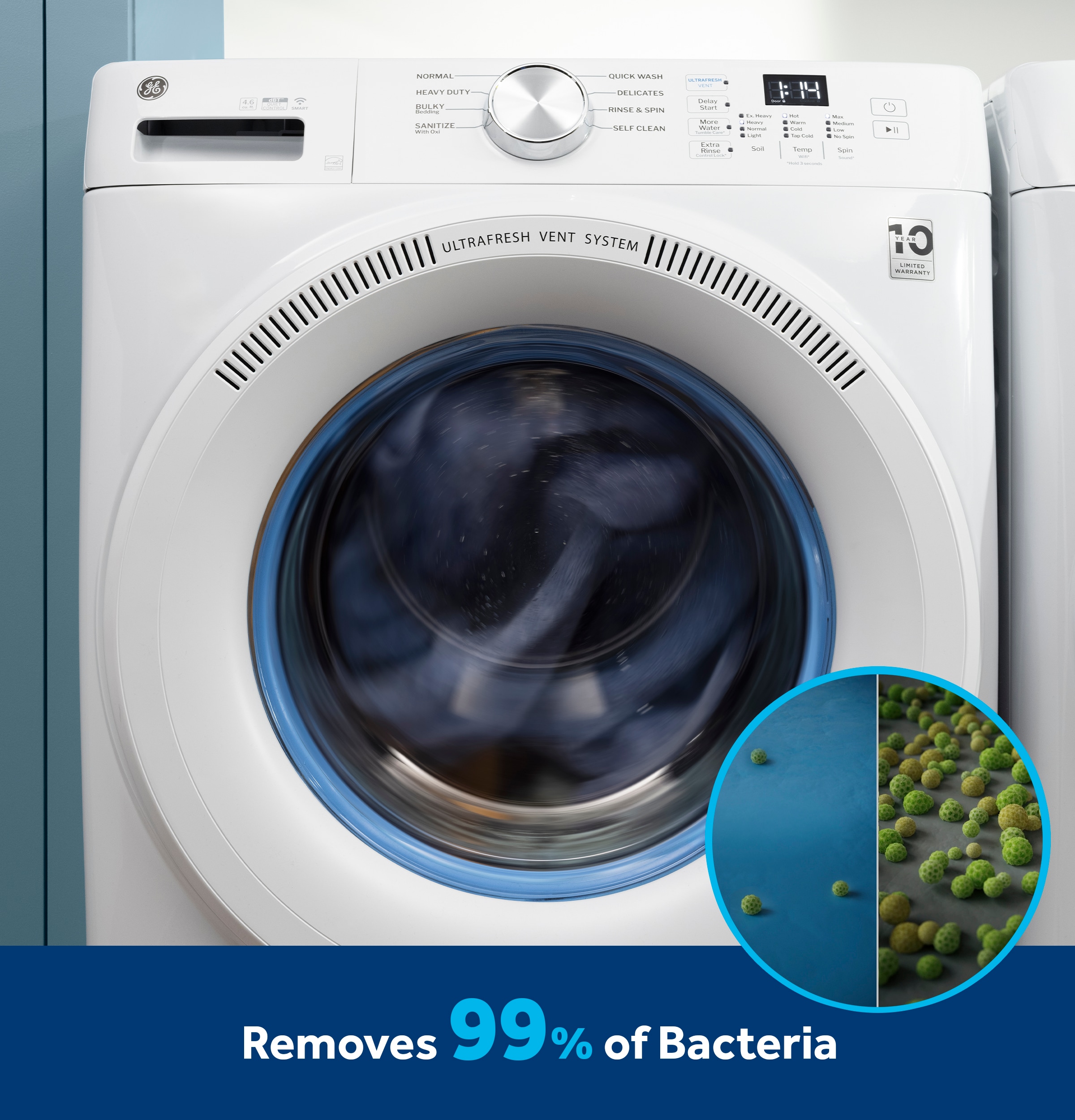 Lavadora frontal inteligente apilable de 4.8 pies cúbicos con sistema de ventilación UltraFresh de GE (Blanco) ENERGY STAR