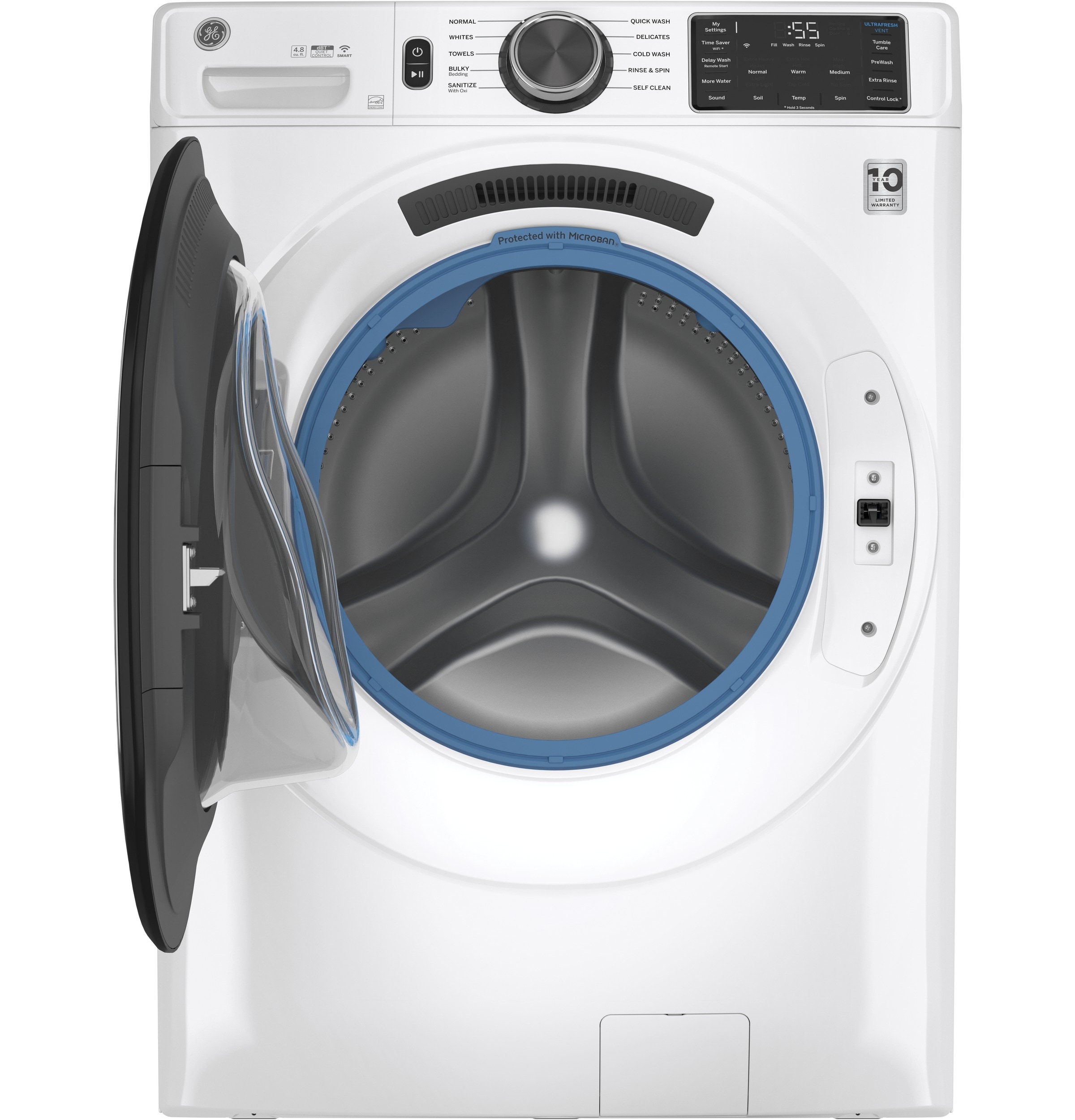 Lavadora frontal inteligente apilable de 4.8 pies cúbicos con sistema de ventilación UltraFresh de GE (Blanco) ENERGY STAR