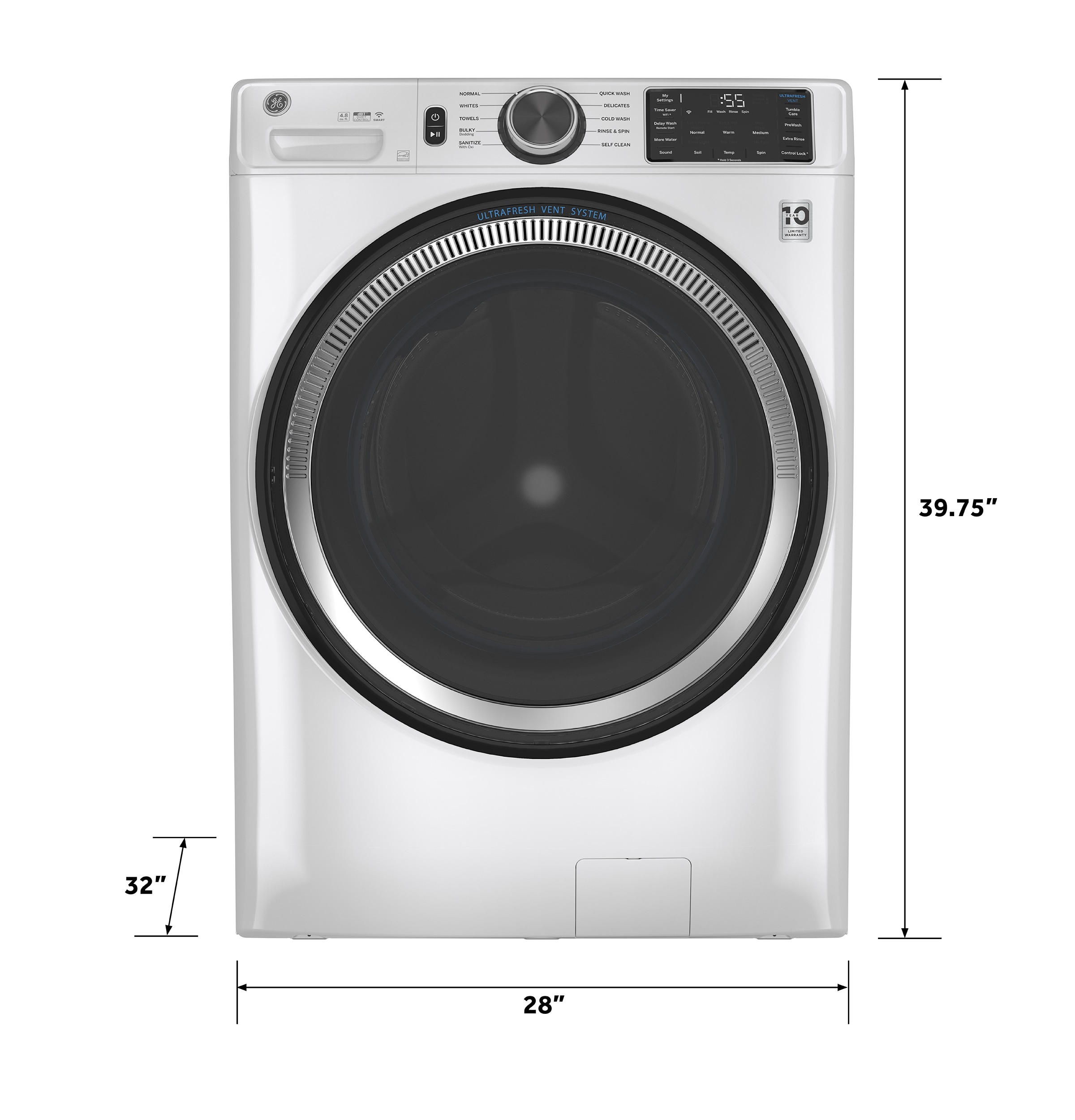 Lavadora frontal inteligente apilable de 4.8 pies cúbicos con sistema de ventilación UltraFresh de GE (Blanco) ENERGY STAR