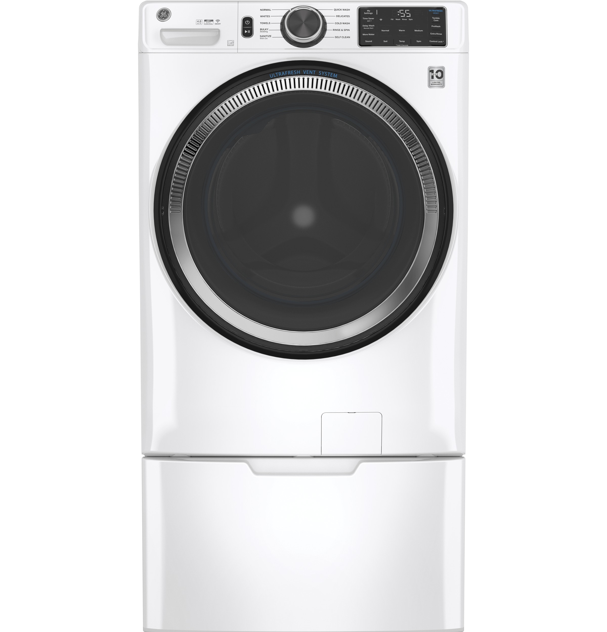 Lavadora frontal inteligente apilable de 4.8 pies cúbicos con sistema de ventilación UltraFresh de GE (Blanco) ENERGY STAR