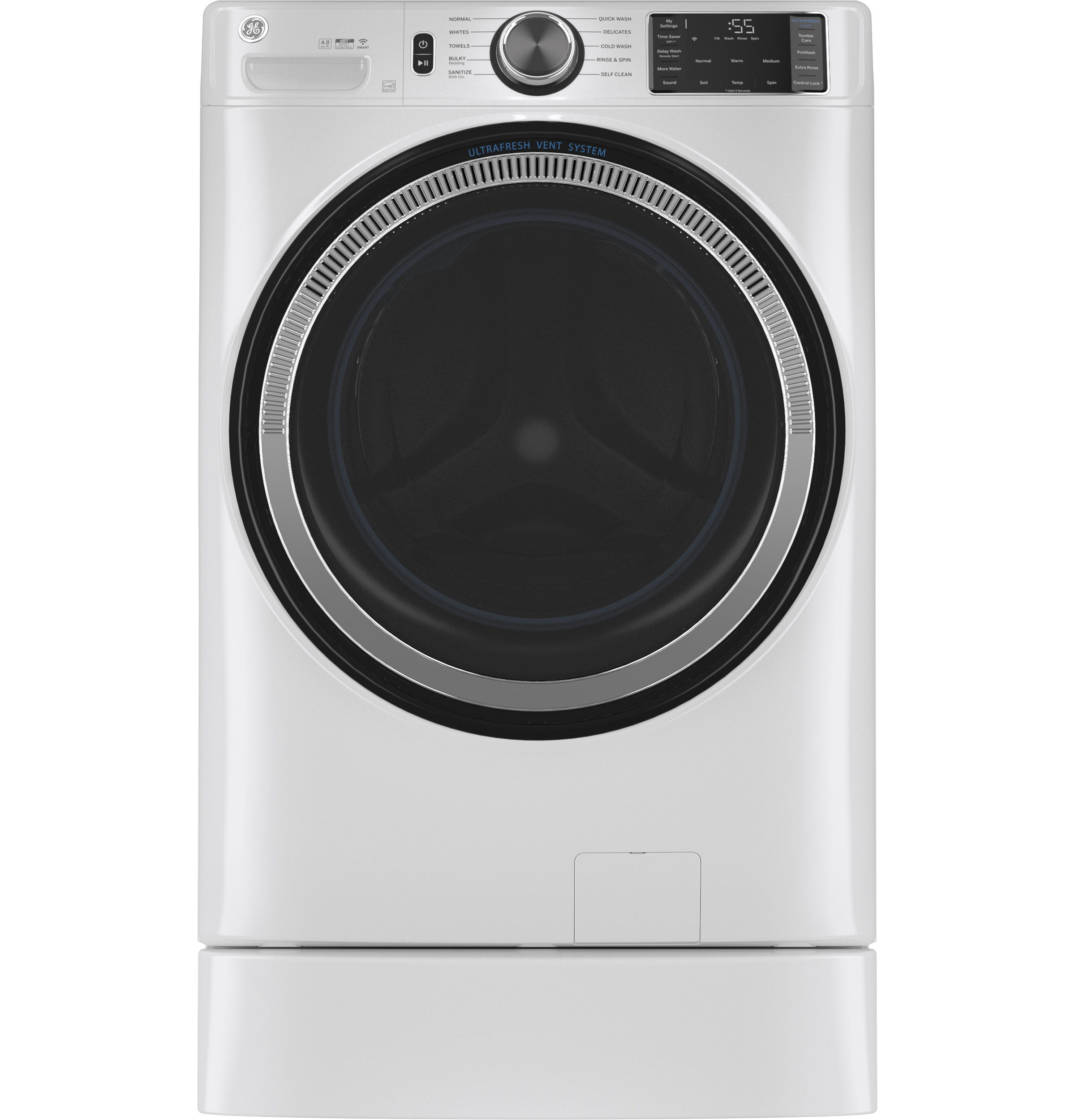 Lavadora frontal inteligente apilable de 4.8 pies cúbicos con sistema de ventilación UltraFresh de GE (Blanco) ENERGY STAR
