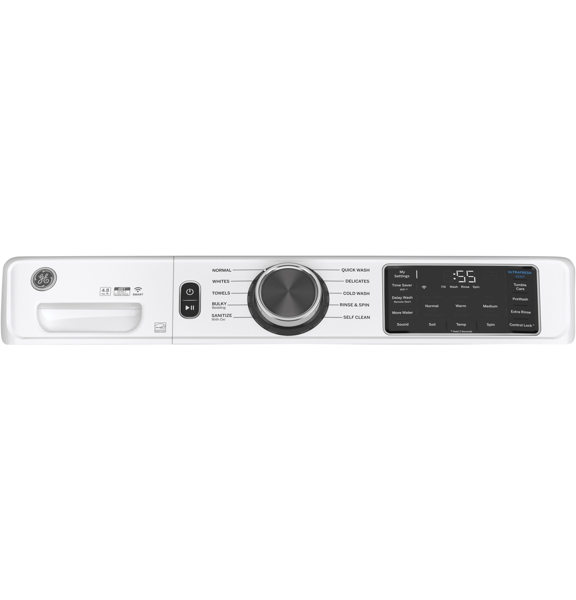 Lavadora frontal inteligente apilable de 4.8 pies cúbicos con sistema de ventilación UltraFresh de GE (Blanco) ENERGY STAR