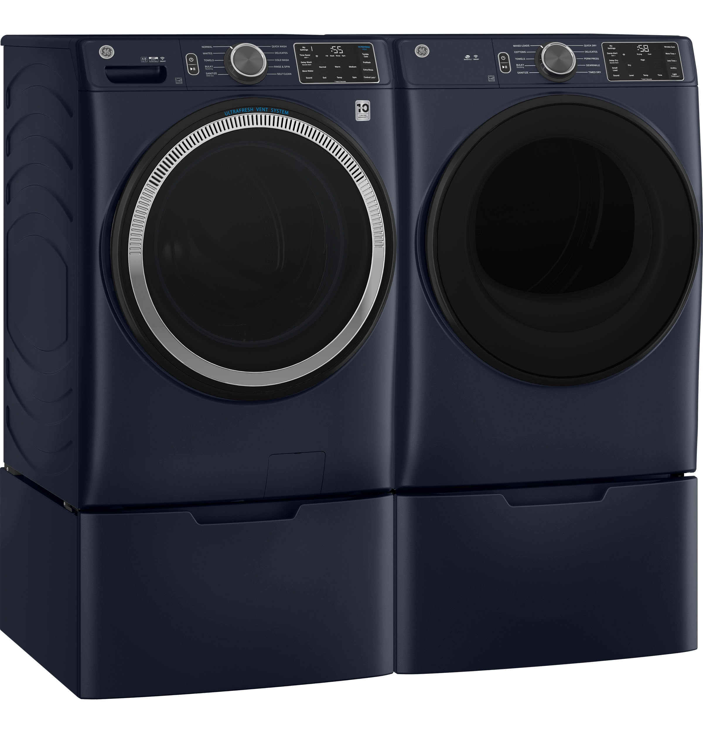 Lavadora frontal apilable inteligente GE UltraFresh Vent System de 4.8 pies cúbicos (azul zafiro) con certificación ENERGY STAR