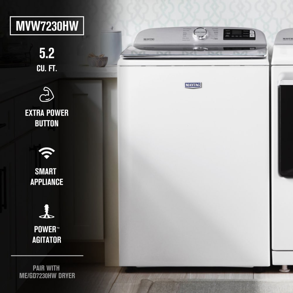 Lavadora de carga superior de alta eficiencia compatible con tecnología inteligente de 5.2 pies cúbicos (Blanca) ENERGY STAR Maytag Smart Capable MVW7230HW