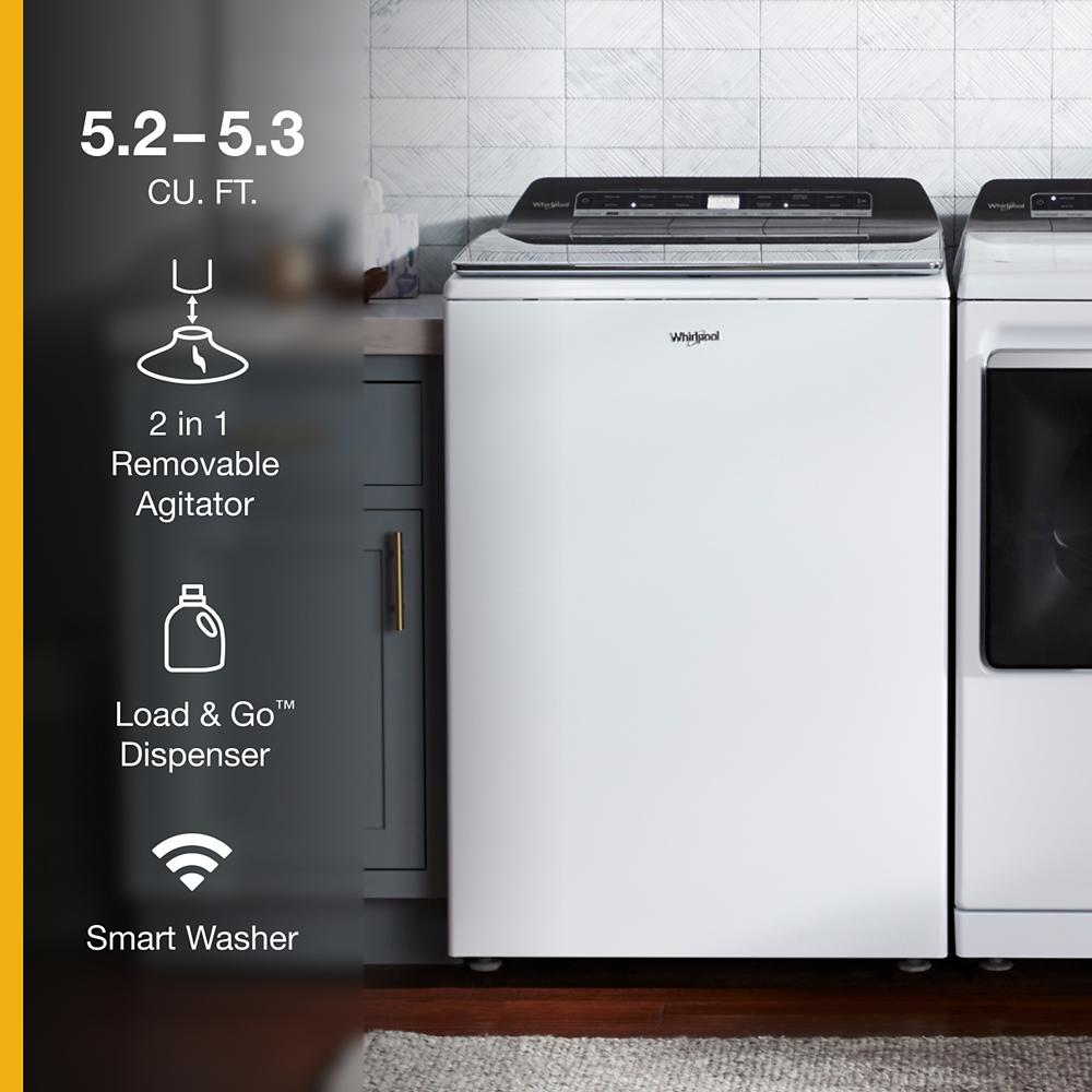 Lavadora de carga superior Whirlpool inteligente con capacidad de 5.3 pies cúbicos, eficiencia alta con agitador o impulsor inteligente compatible, color blanco, certificada por ENERGY STAR WTW8127LW.
