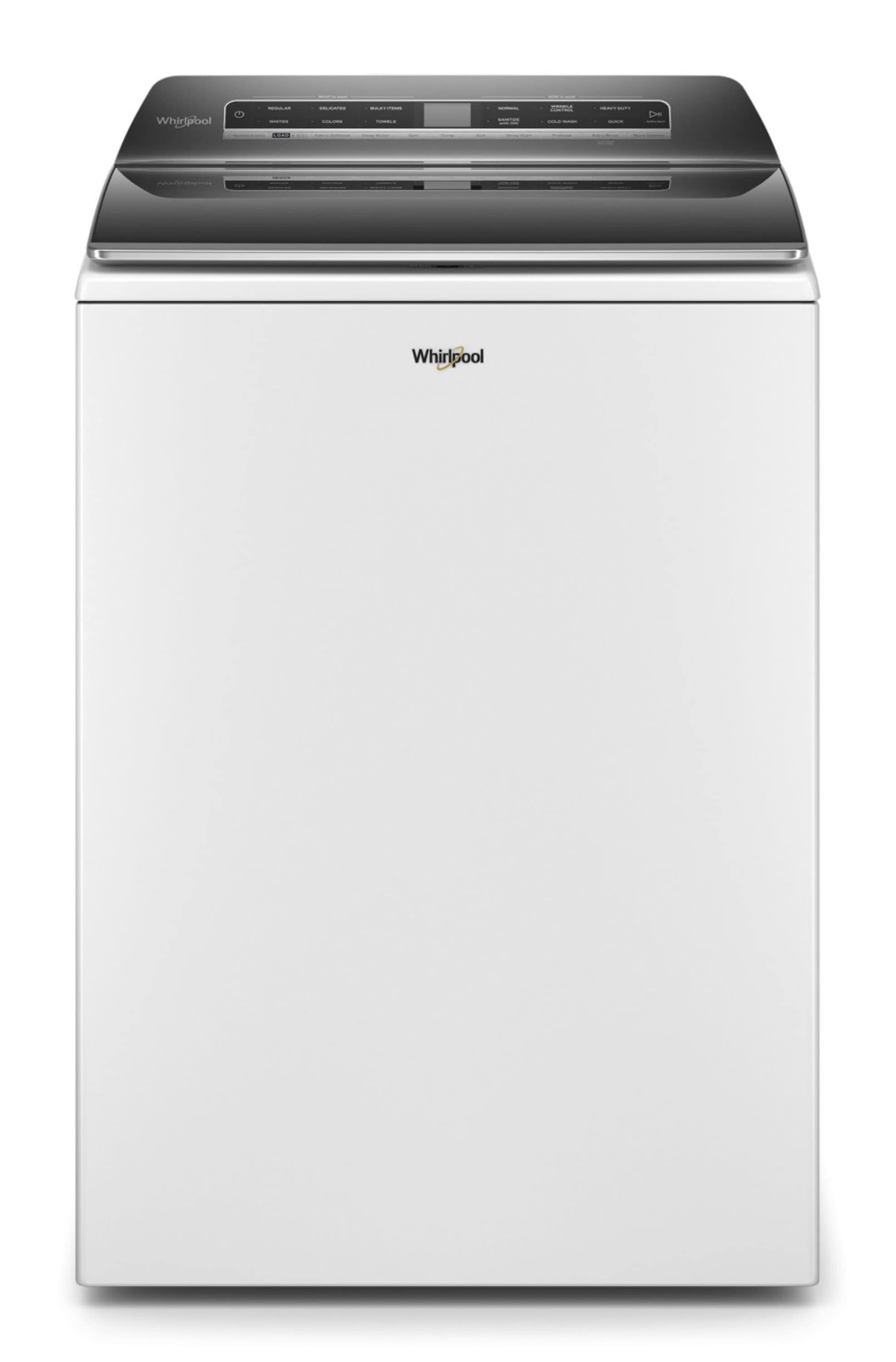 Lavadora de carga superior Whirlpool inteligente con capacidad de 5.3 pies cúbicos, eficiencia alta con agitador o impulsor inteligente compatible, color blanco, certificada por ENERGY STAR WTW8127LW.