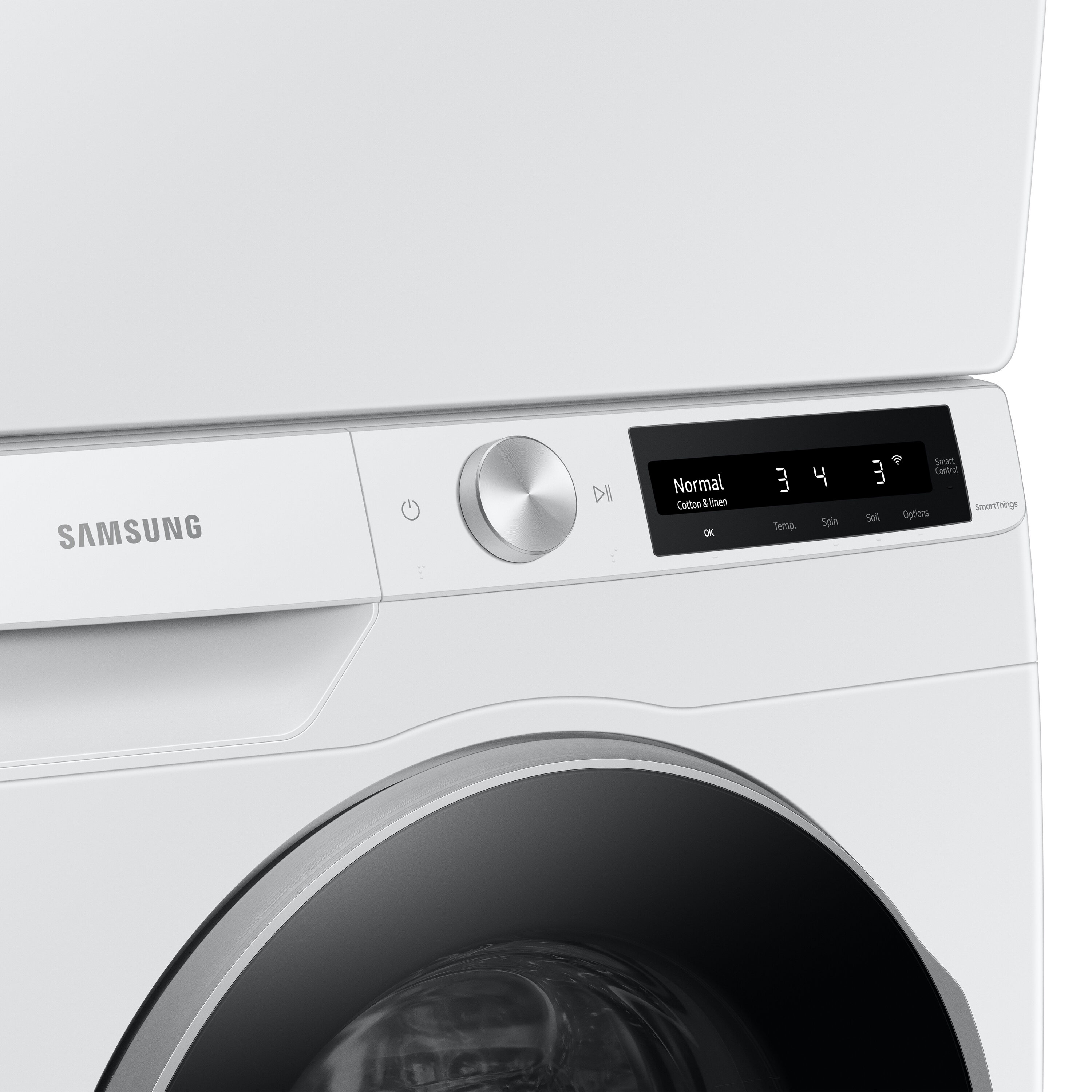 Lavadora de carga frontal de alta eficiencia y ciclo de vapor apilable inteligente Samsung de 2.5 pies cúbicos (Blanca) con certificación ENERGY STAR WW25B6900AW