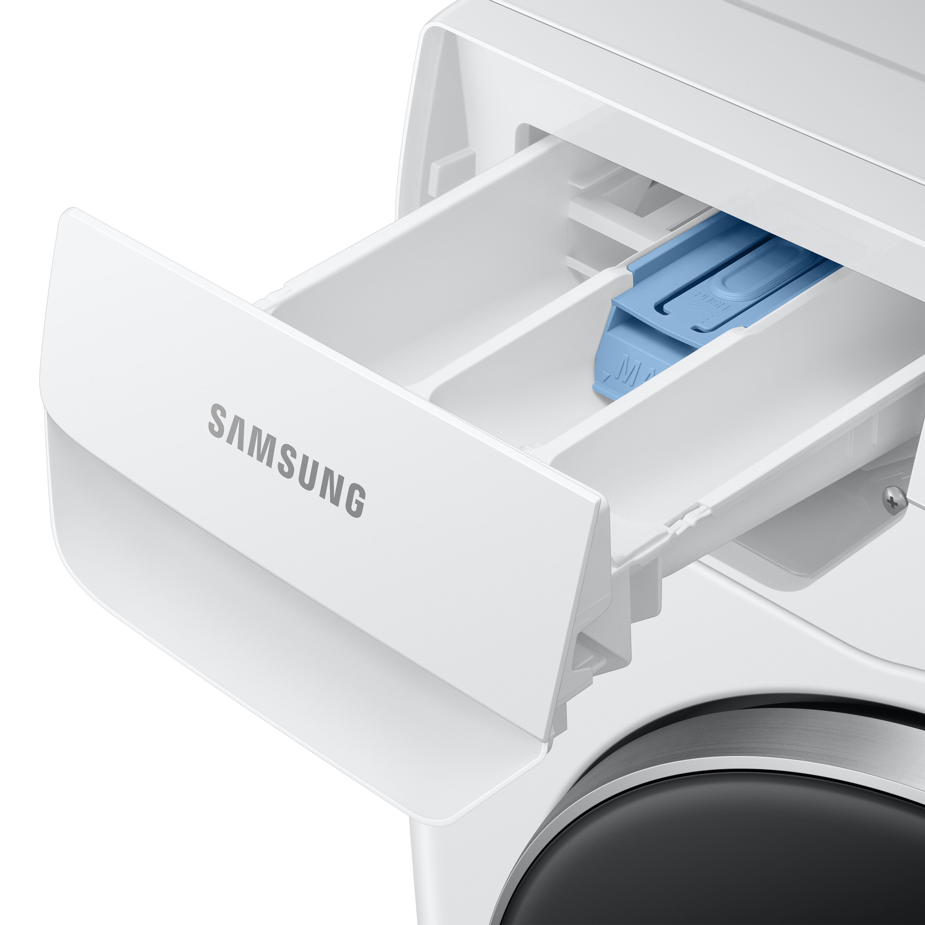 Lavadora de carga frontal de alta eficiencia y ciclo de vapor apilable inteligente Samsung de 2.5 pies cúbicos (Blanca) con certificación ENERGY STAR WW25B6900AW