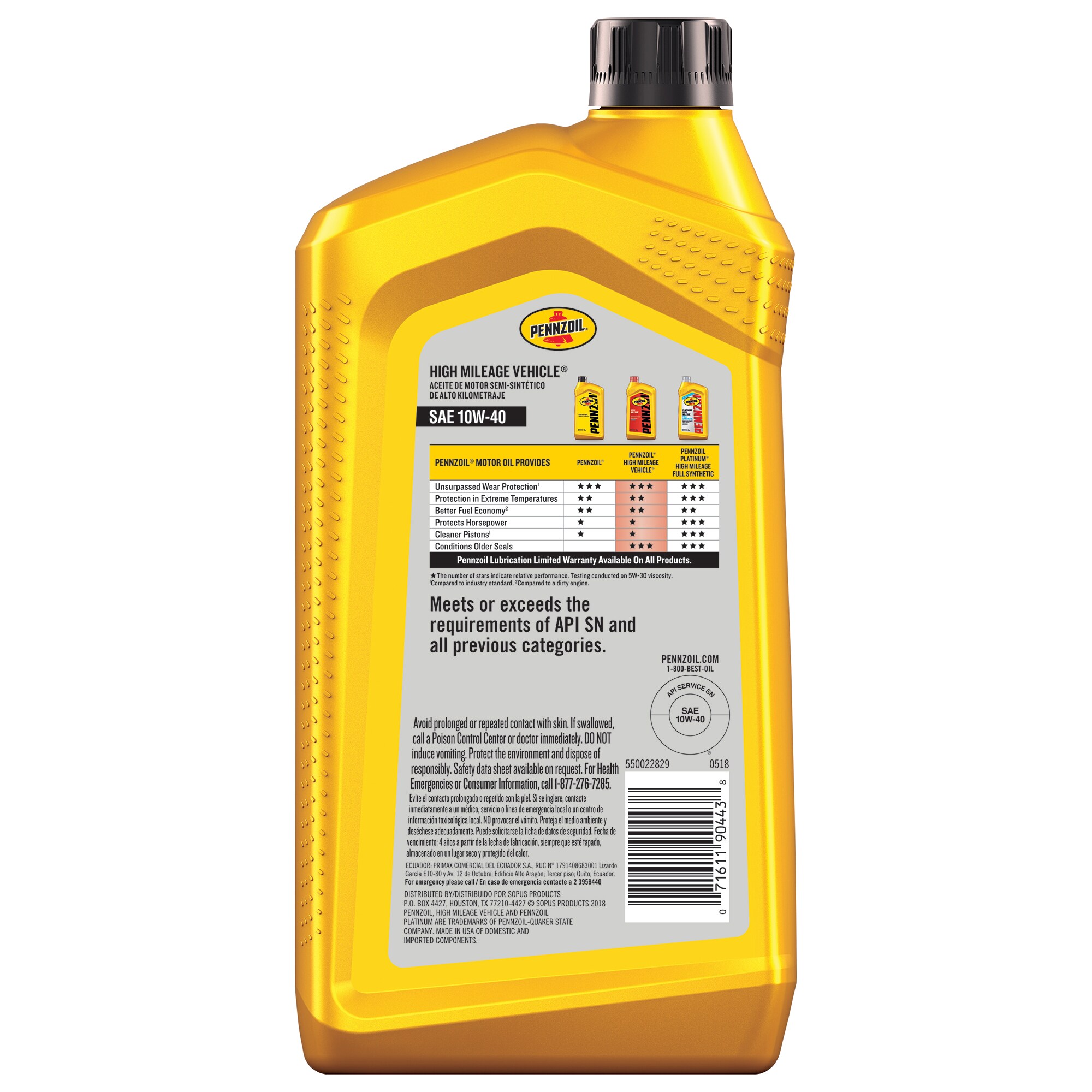 Aceite para motores de alto kilometraje de 1 cuarto 10W-40 para motores viejos con agentes acondicionadores
