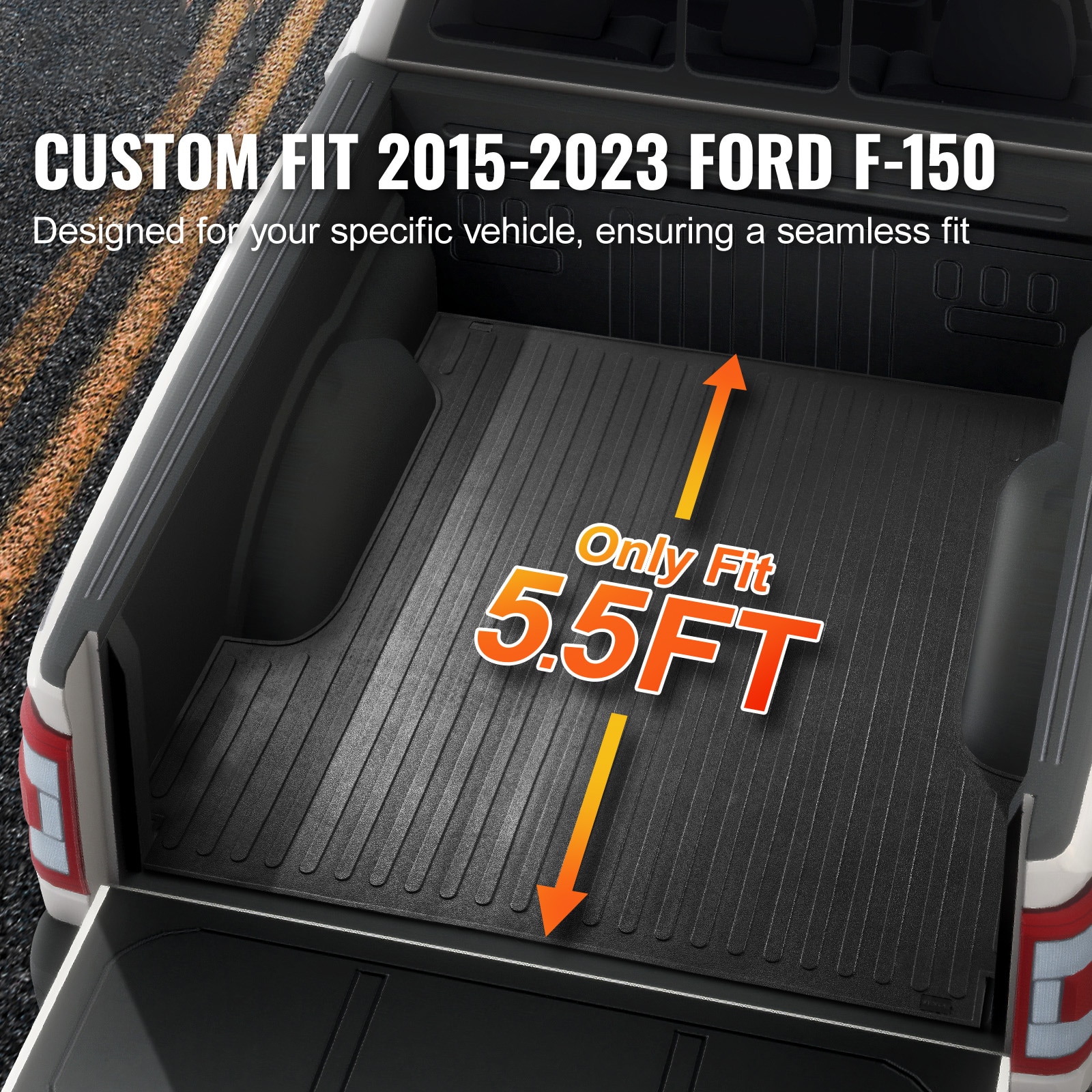 Tapete para caja de camión VEVOR, compatible con Ford F150 5.5 pies de cama corta 2015-2023, forro de caja de camión de hule de 66.5 pulgadas x 64 pulgadas de espesor de 1/4 pulgadas, accesorios para auto para protección contra todo tipo de clima, evita resbalones o daños.