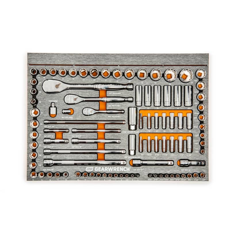 Juego de herramientas mecánicas GEARWRENCH 120XP de 1/4, 3/8 y 1/2 pulgadas, con accionamiento estándar y profundo, en medidas SAE y métricas en bandeja de EVA (94 piezas) - 83071-07.