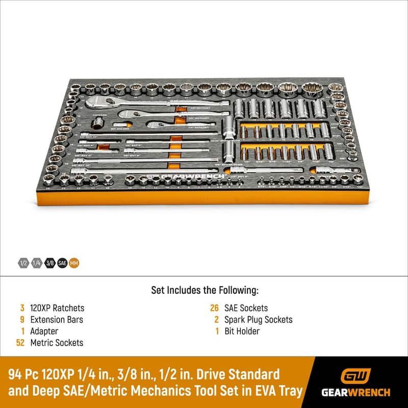 Juego de herramientas mecánicas GEARWRENCH 120XP de 1/4, 3/8 y 1/2 pulgadas, con accionamiento estándar y profundo, en medidas SAE y métricas en bandeja de EVA (94 piezas) - 83071-07.