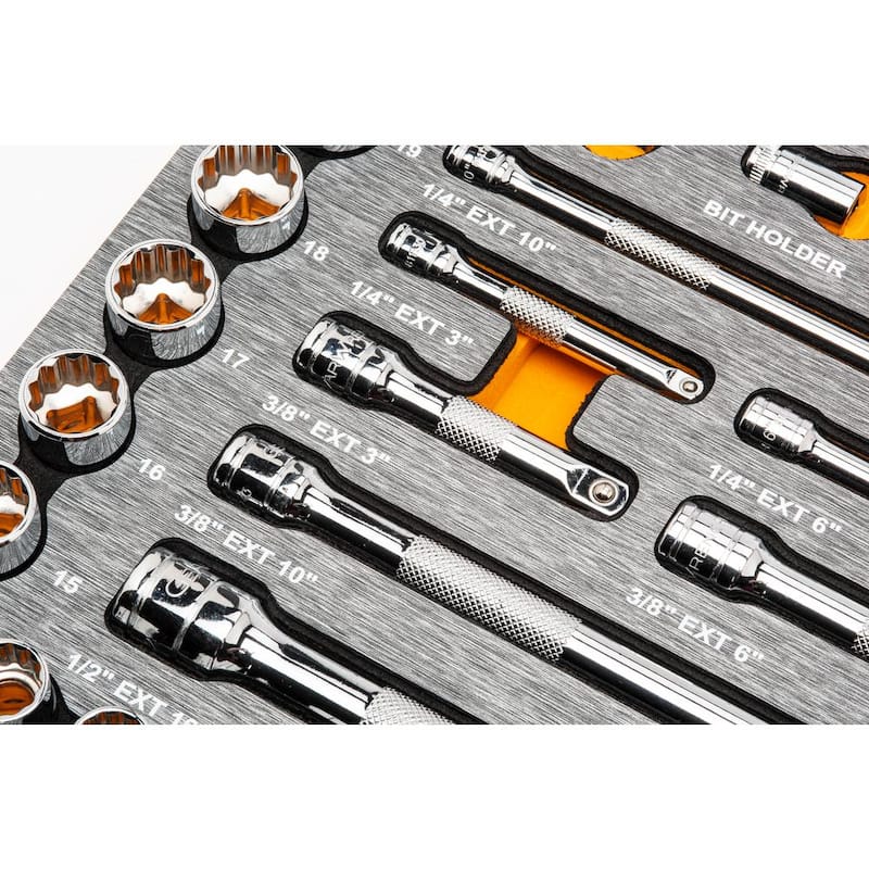 Juego de herramientas mecánicas GEARWRENCH 120XP de 1/4, 3/8 y 1/2 pulgadas, con accionamiento estándar y profundo, en medidas SAE y métricas en bandeja de EVA (94 piezas) - 83071-07.