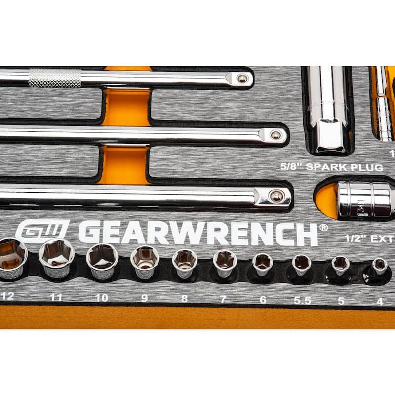 Juego de herramientas mecánicas GEARWRENCH 120XP de 1/4, 3/8 y 1/2 pulgadas, con accionamiento estándar y profundo, en medidas SAE y métricas en bandeja de EVA (94 piezas) - 83071-07.