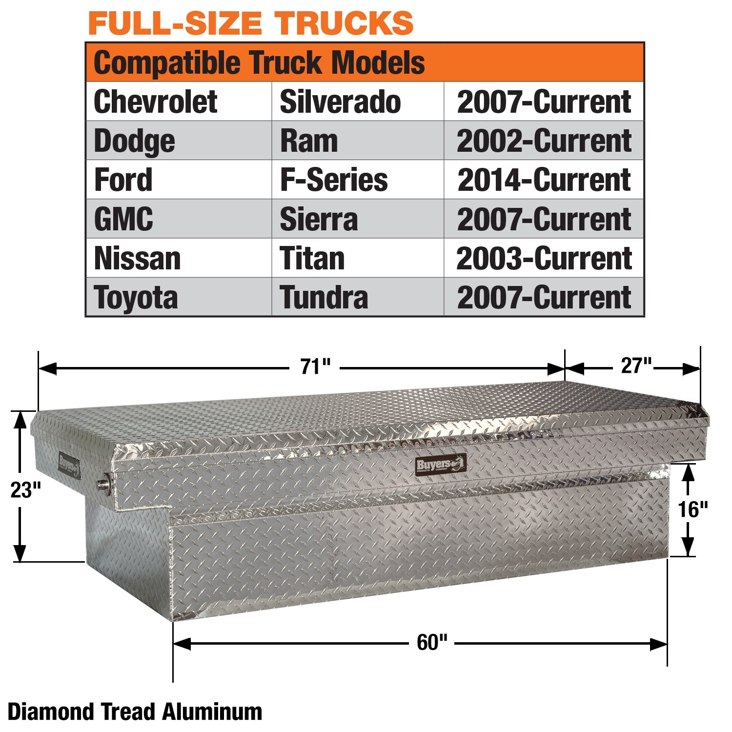 Caja de herramientas para camioneta con cruz de aluminio en relieve de 71 pulgadas x 27 pulgadas x 23 pulgadas