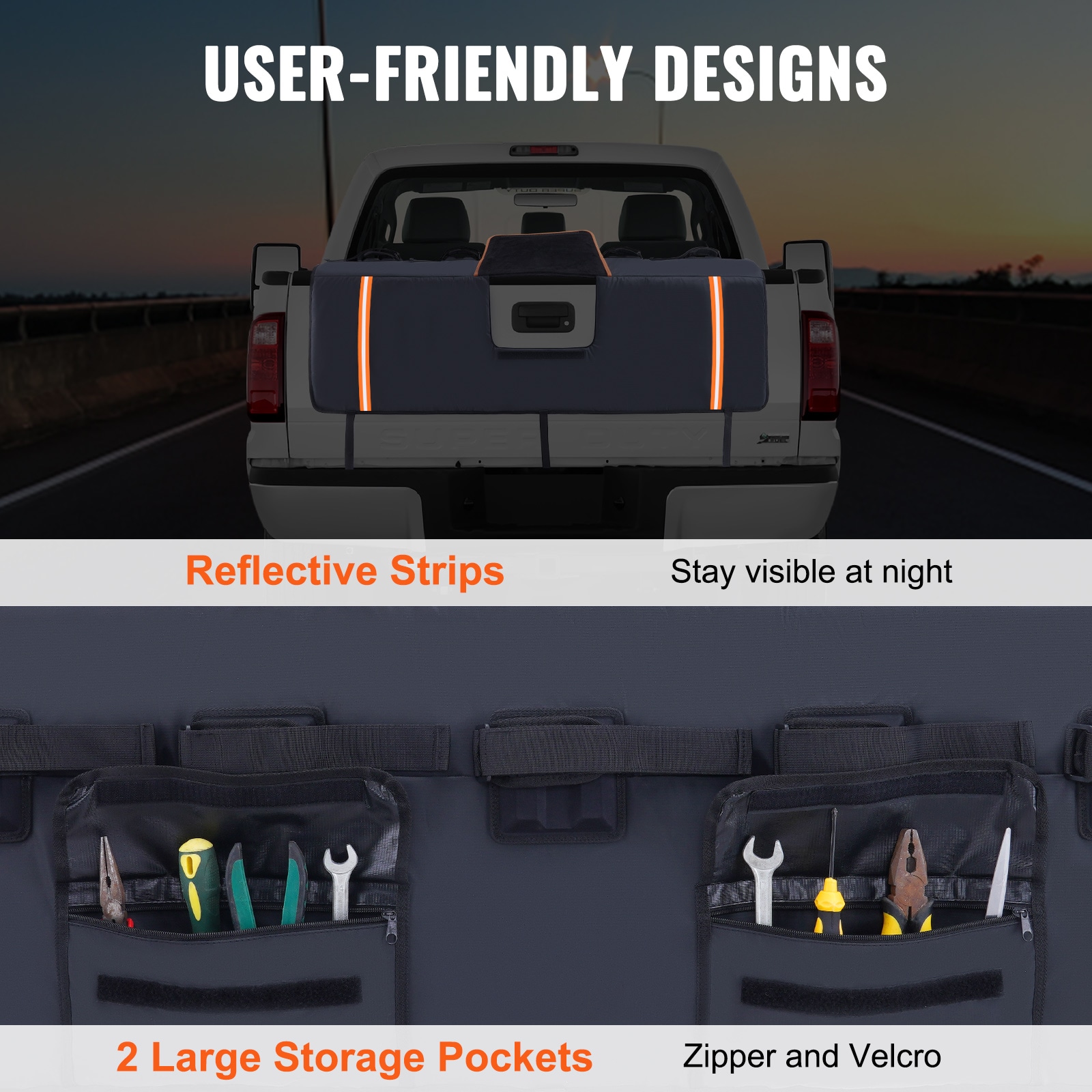 Cojín de Cola para Bicicletas VEVOR, Cojín para Cola de Camioneta de 53 pulgadas para Transportar 5 Bicicletas de Montaña, Cojín de Protección para Cola con Ranuras Mejoradas, Tirantes Reflectantes y Bolsillos para Herramientas, con Apertura para Cámara para Camionetas Medianas JQKWMD54INCHBNMSFV0