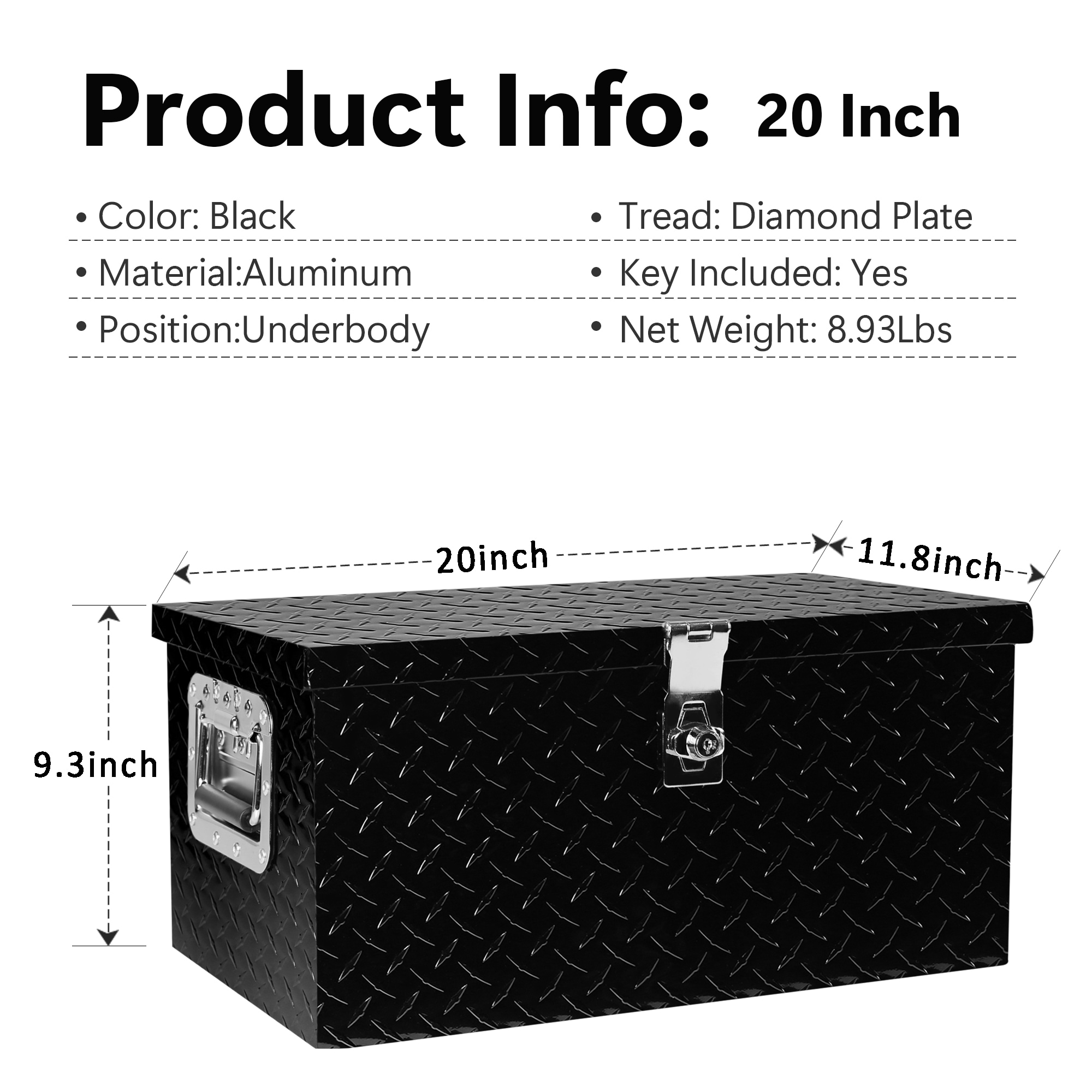 Caja de herramientas para camión de aluminio negro Kahomvis de 20 pulgadas x 11.8 pulgadas x 9.3 pulgadas YS-QP214-471