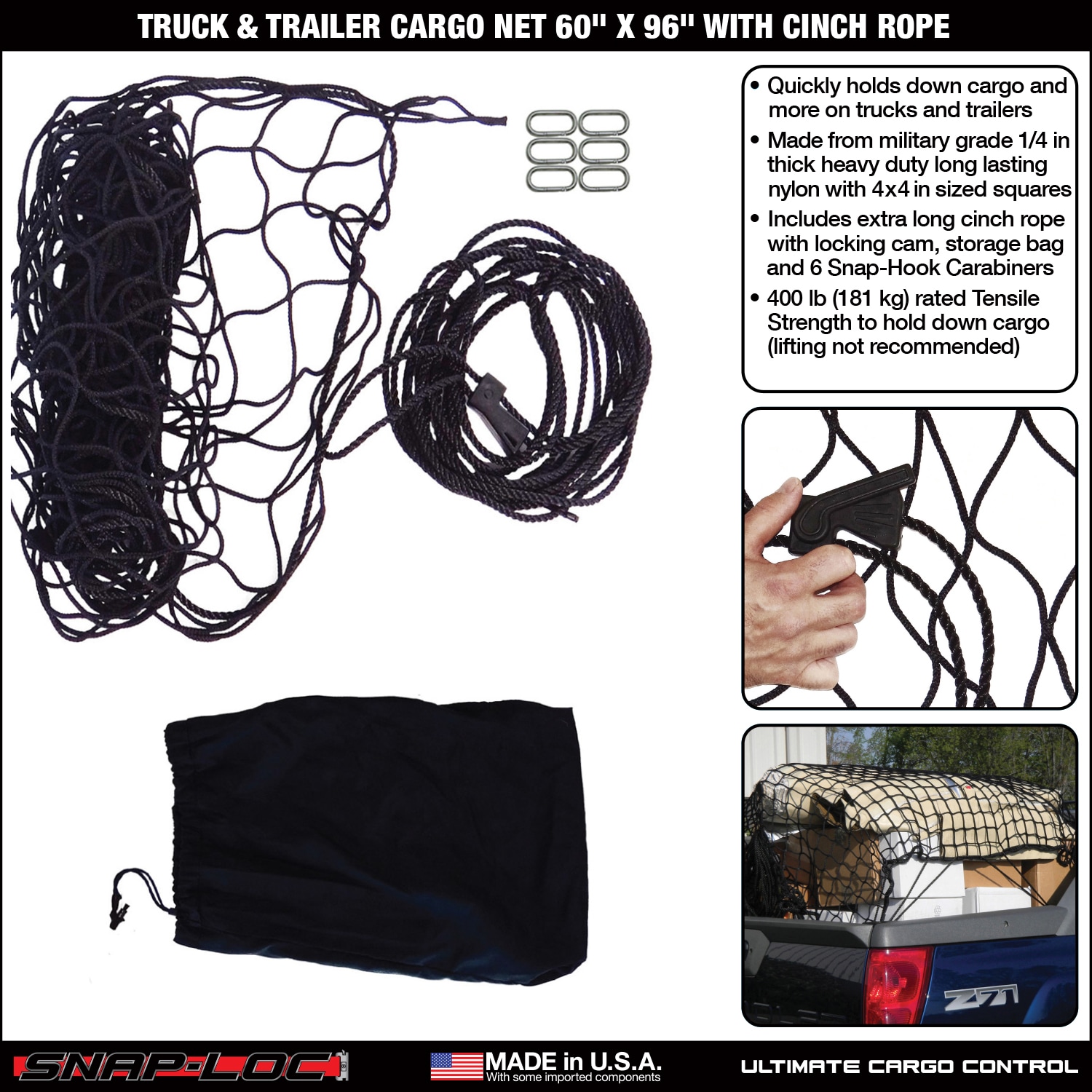 Red de carga militar de plástico negro Snap-Loc 60 x 96 pulgadas para camionetas, amarre logístico, accesorio para remolque y pickup SLAMCN6096
