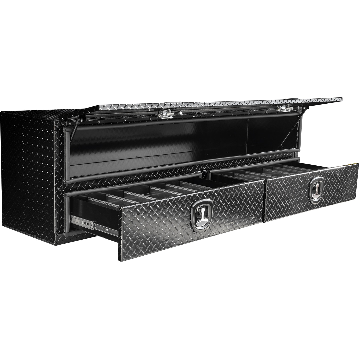 Caja de herramientas lateral para camión de aluminio con acabado negro de 72 pulgadas x 18 pulgadas x 21 pulgadas con diseño de diamante - Producto para compradores 1721678.