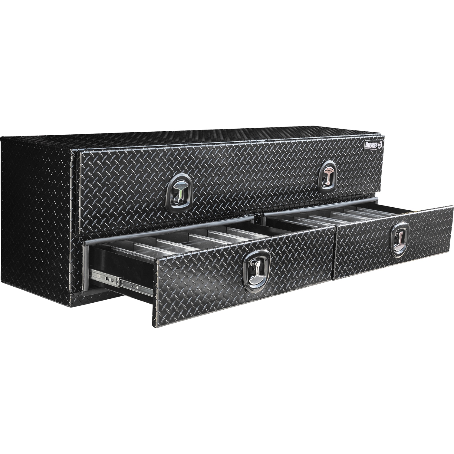 Caja de herramientas lateral para camión de aluminio con acabado negro de 72 pulgadas x 18 pulgadas x 21 pulgadas con diseño de diamante - Producto para compradores 1721678.