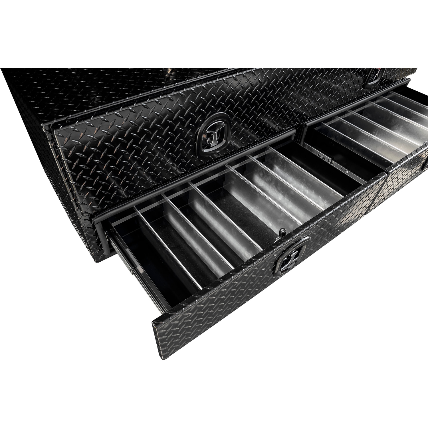 Caja de herramientas lateral para camión de aluminio con acabado negro de 72 pulgadas x 18 pulgadas x 21 pulgadas con diseño de diamante - Producto para compradores 1721678.