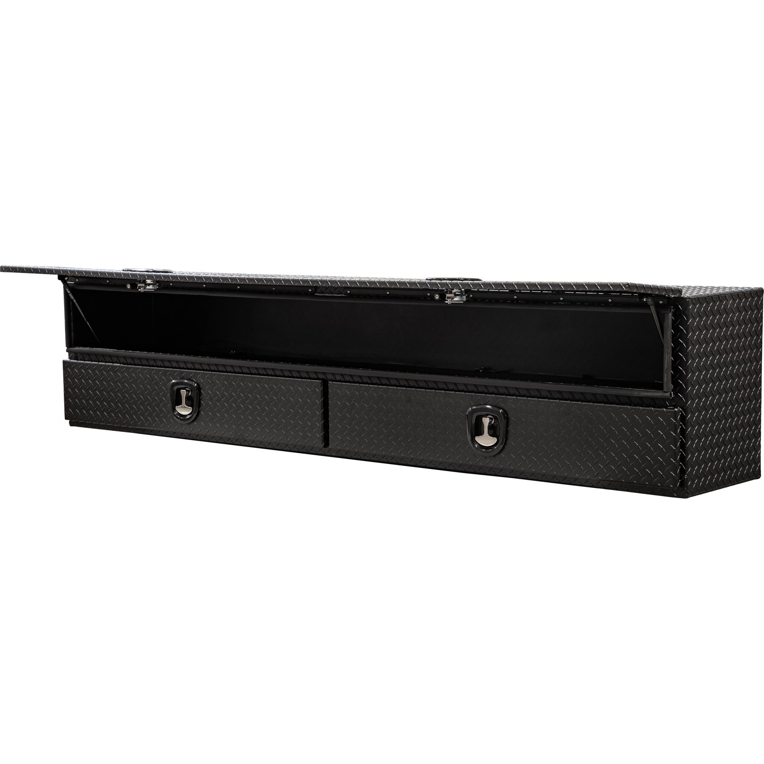 Caja de herramientas para camioneta, montaje superior, de aluminio con acabado negro mate, con diamante en relieve de 18 pulgadas x 96 pulgadas x 21 pulgadas.