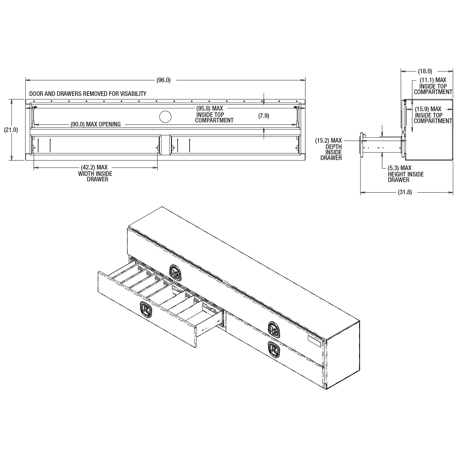 Caja de herramientas para camioneta, montaje superior, de aluminio con acabado negro mate, con diamante en relieve de 18 pulgadas x 96 pulgadas x 21 pulgadas.