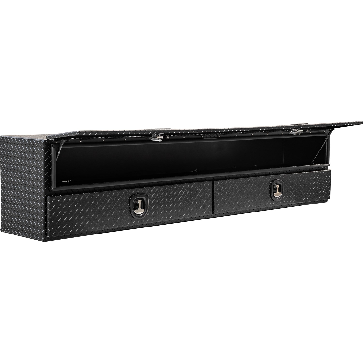 Caja de herramientas para camioneta, montaje superior, de aluminio con acabado negro mate, con diamante en relieve de 18 pulgadas x 96 pulgadas x 21 pulgadas.