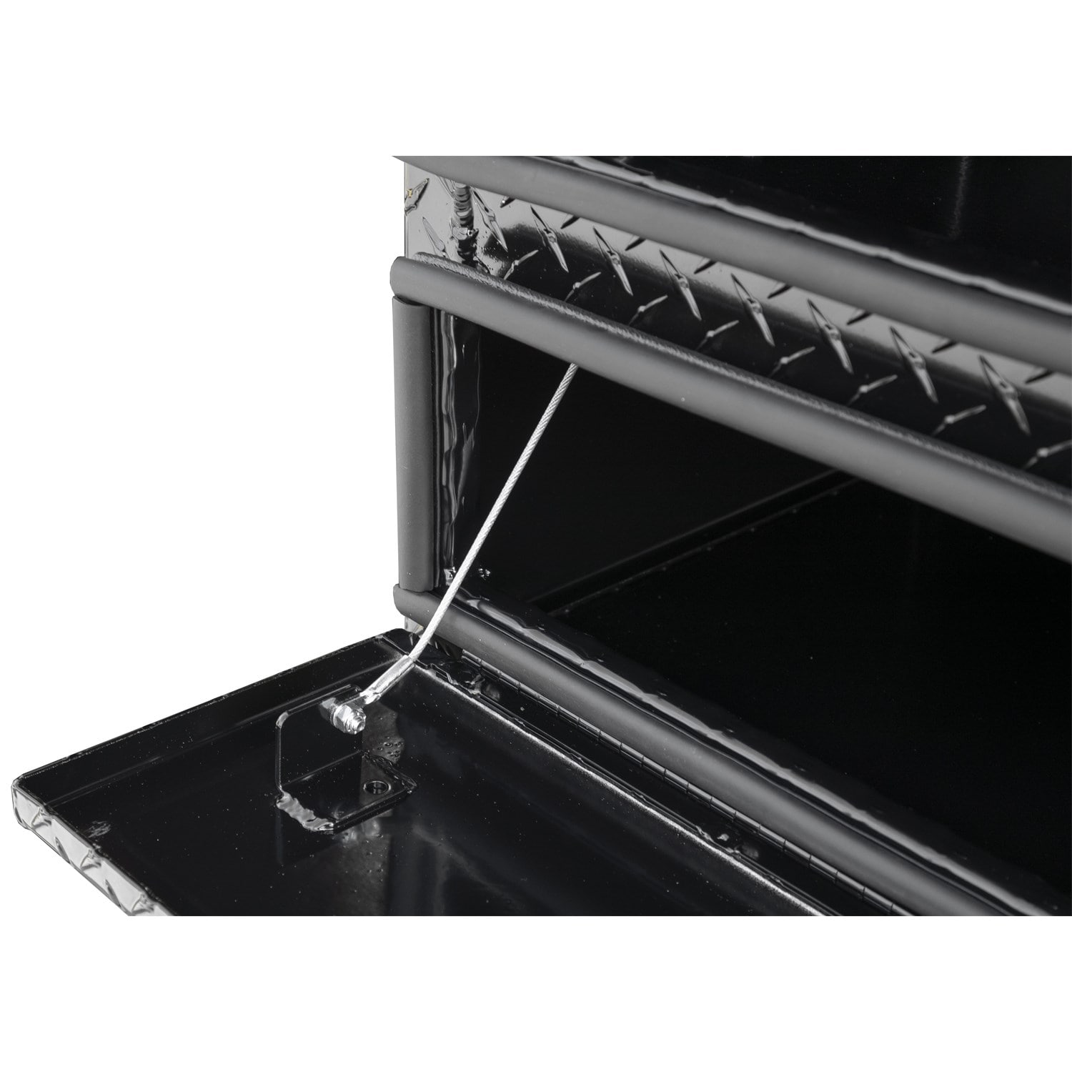 Caja de herramientas para camión con montaje en la parte superior de aluminio con grabado en diamante negro brillante de 18 pulgadas x 96 pulgadas x 21 pulgadas de Buyers Products