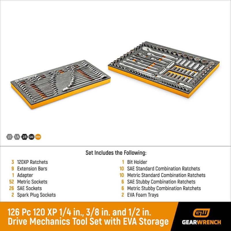 Set de herramientas mecánicas GEARWRENCH 120XP de 1/4 in., 3/8 in. y 1/2 in. con almacenamiento de EVA (126 piezas) - 8307182999CB