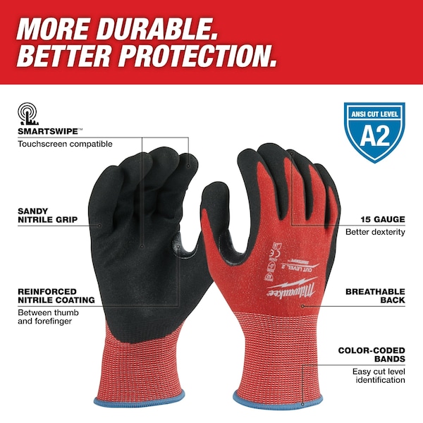 Guantes Milwaukee Tool de Nitrilo con nivel de corte 2 - Talla 2X-Grande (12 pares), Nivel de corte A2, 15 ga, Rojos, 2XL (11) - 48-22-8929B.