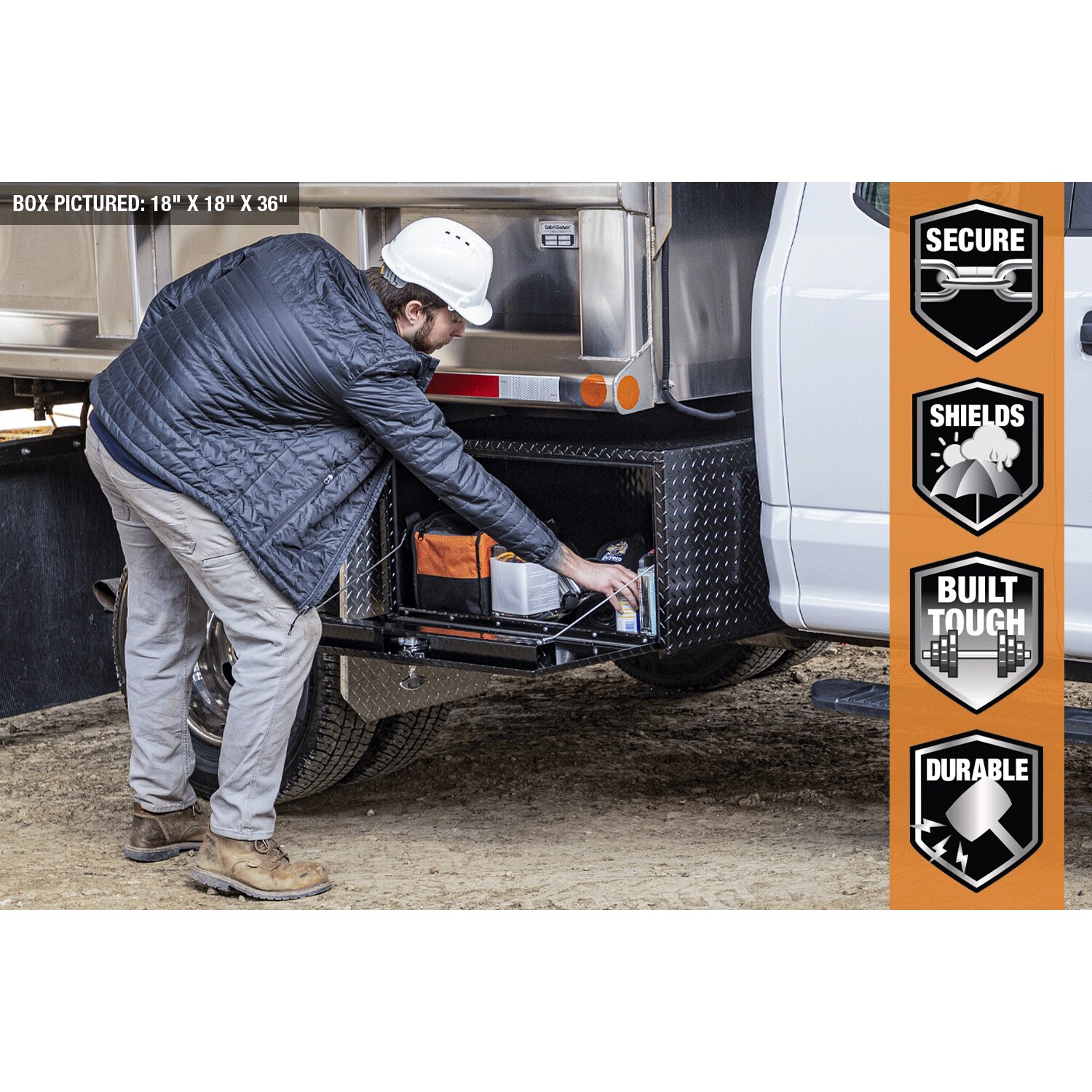 Caja de herramientas negra de aluminio con suelo de diamante de 36 pulgadas x 18 pulgadas x 18 pulgadas para camiones bajo el chasis de Buyers Products 1725105MPP