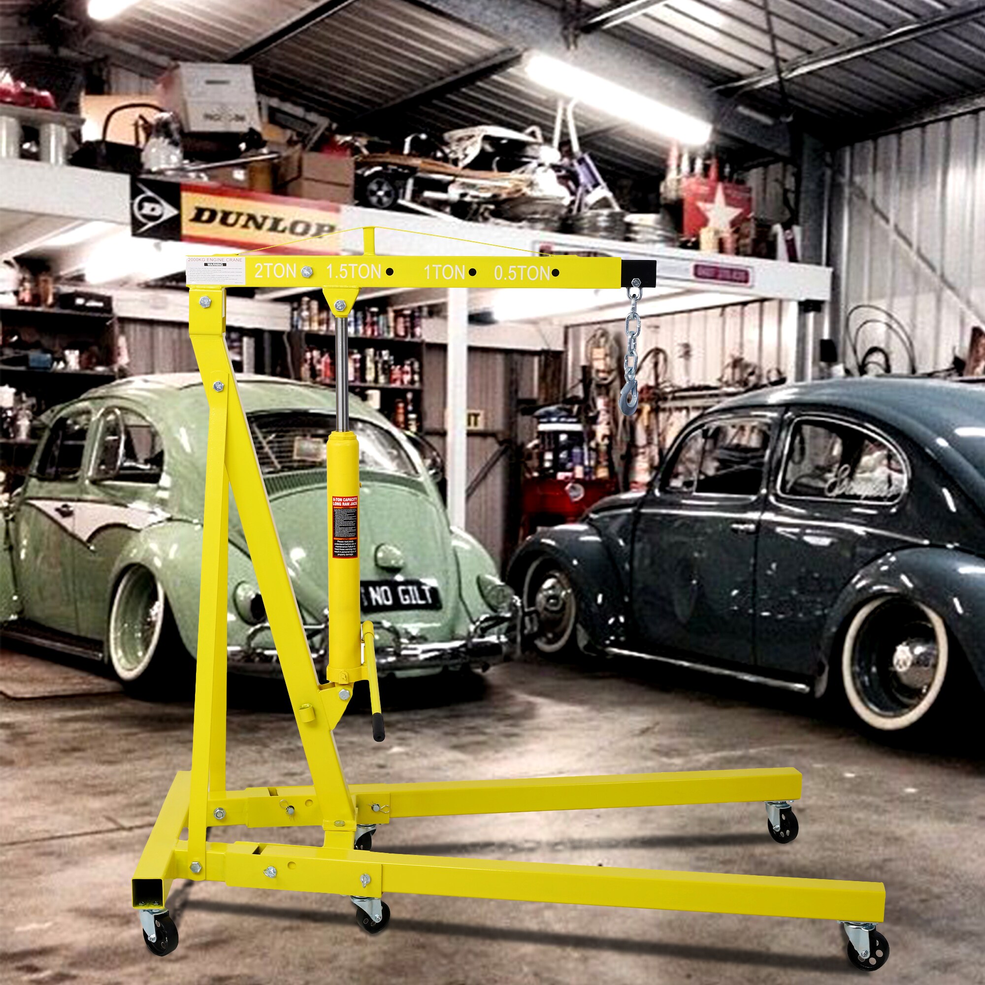 Grua plegable de motor Kahomvis de 2 toneladas, para levantar motores tipo cherry picker, con ruedas de hierro fundido.