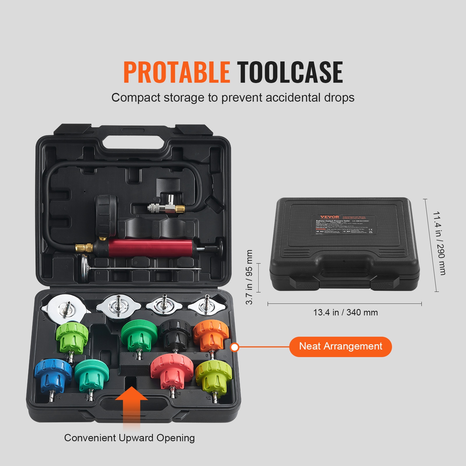 Kit de Prueba de Presión del Radiador Universal de 14 Piezas, Kit de Prueba de Presión de Refrigerante con Bomba Manual y Adaptadores de Tapa de Prueba de Acero Codificados por Color, con Caja de Herramientas, Para Sistemas de Enfriamiento de Coches, Motocicletas y Camiones.