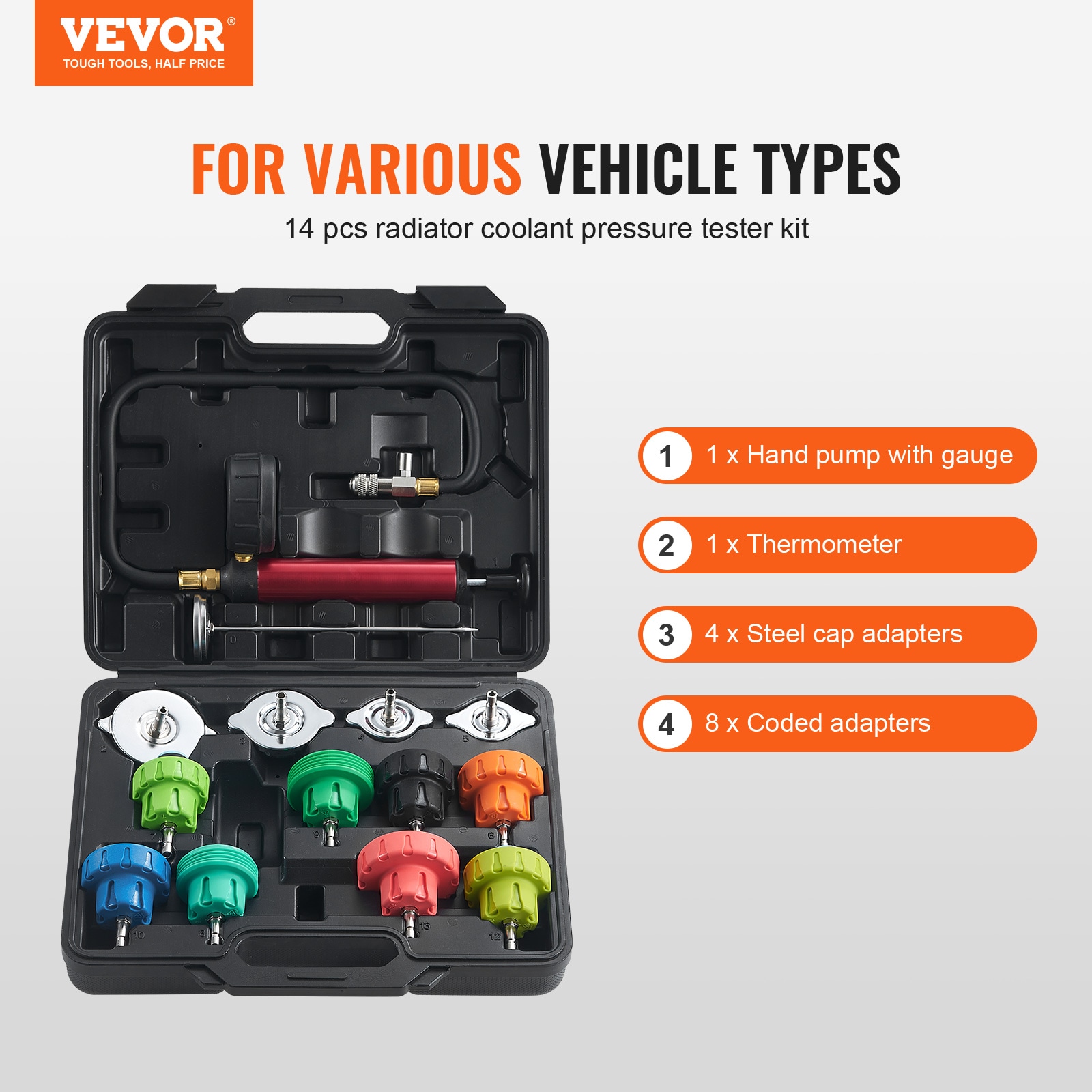 Kit de Prueba de Presión del Radiador Universal de 14 Piezas, Kit de Prueba de Presión de Refrigerante con Bomba Manual y Adaptadores de Tapa de Prueba de Acero Codificados por Color, con Caja de Herramientas, Para Sistemas de Enfriamiento de Coches, Motocicletas y Camiones.