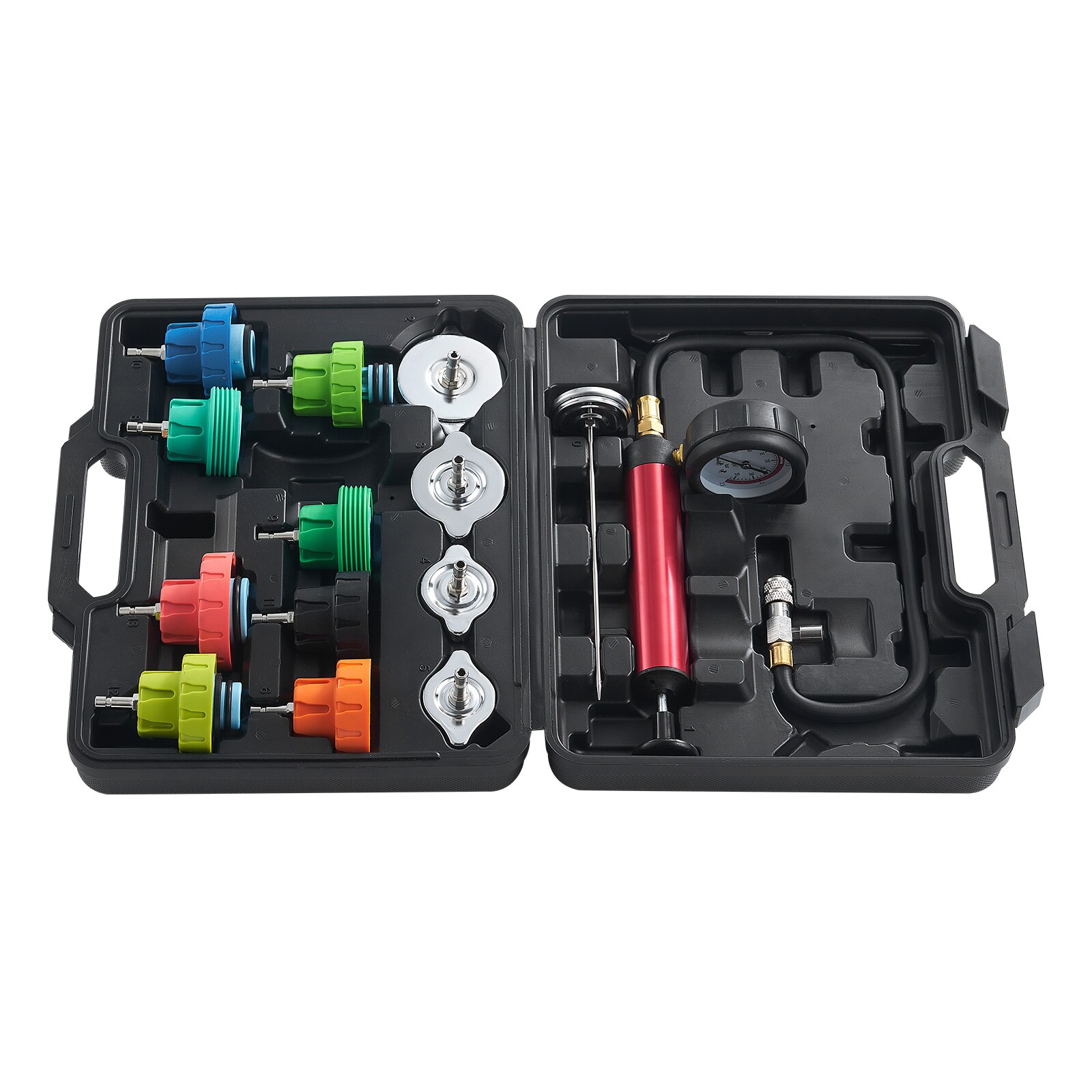 Kit de Prueba de Presión del Radiador Universal de 14 Piezas, Kit de Prueba de Presión de Refrigerante con Bomba Manual y Adaptadores de Tapa de Prueba de Acero Codificados por Color, con Caja de Herramientas, Para Sistemas de Enfriamiento de Coches, Motocicletas y Camiones.