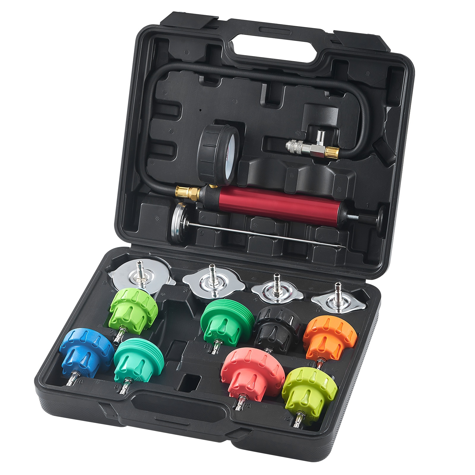 Kit de Prueba de Presión del Radiador Universal de 14 Piezas, Kit de Prueba de Presión de Refrigerante con Bomba Manual y Adaptadores de Tapa de Prueba de Acero Codificados por Color, con Caja de Herramientas, Para Sistemas de Enfriamiento de Coches, Motocicletas y Camiones.