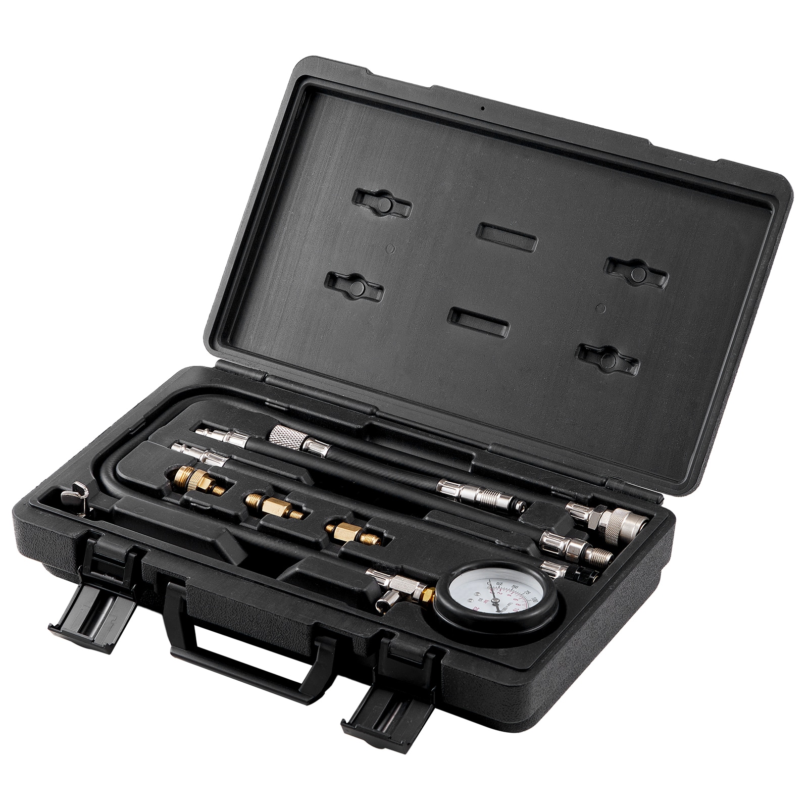 Kit de Adaptadores para Prueba de Compresión VEVOR, 9 Piezas para Pruebas de Compresión de Fugas en Cilindros de Motor Automotriz, Preciso Medidor de Presión de Doble Escala de 0 a 300 Psi, con Mangueras de Alcance Largo y Estuche para Cilindros de Motor