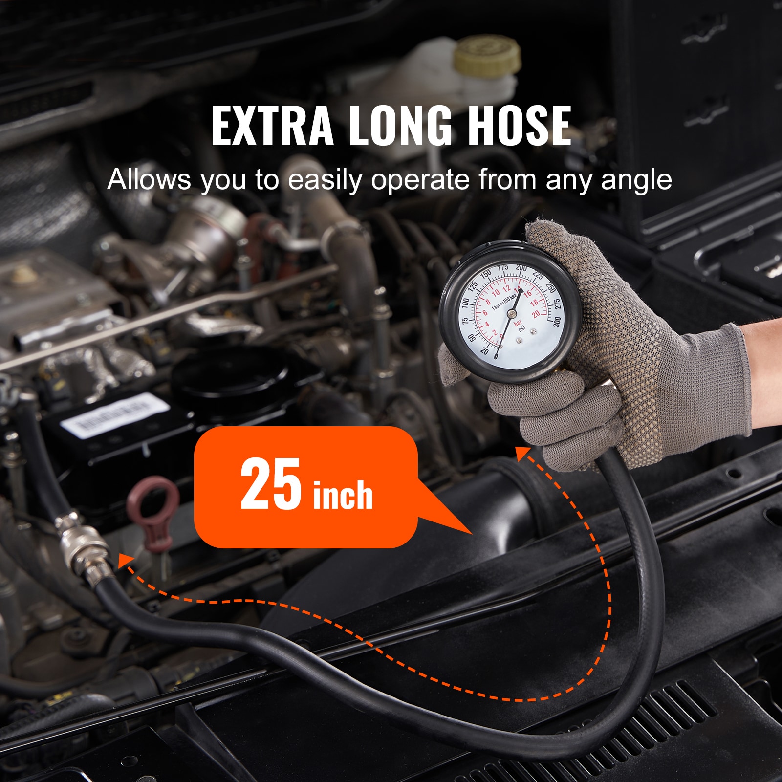 Kit de Adaptadores para Prueba de Compresión VEVOR, 9 Piezas para Pruebas de Compresión de Fugas en Cilindros de Motor Automotriz, Preciso Medidor de Presión de Doble Escala de 0 a 300 Psi, con Mangueras de Alcance Largo y Estuche para Cilindros de Motor