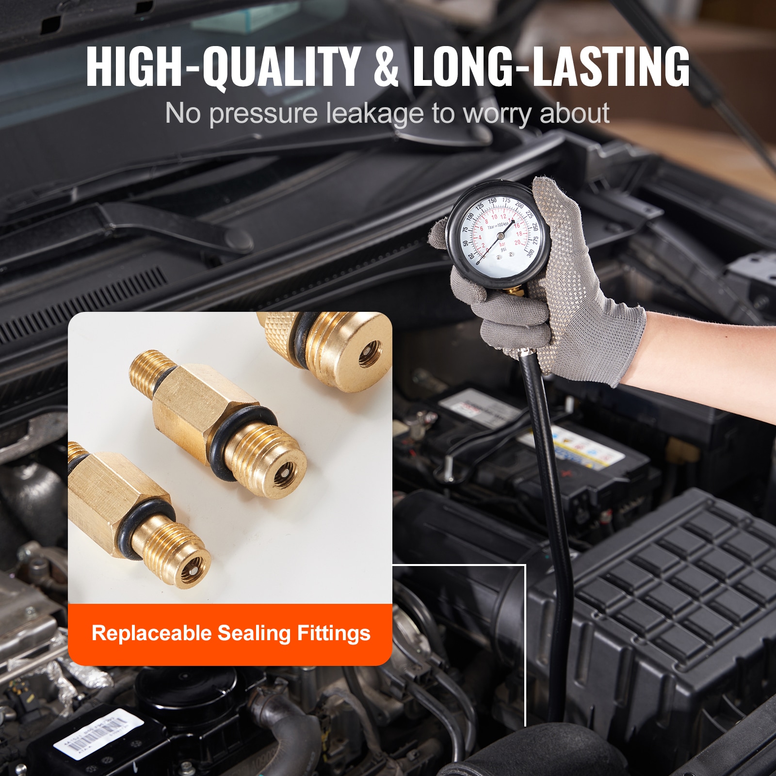 Kit de Adaptadores para Prueba de Compresión VEVOR, 9 Piezas para Pruebas de Compresión de Fugas en Cilindros de Motor Automotriz, Preciso Medidor de Presión de Doble Escala de 0 a 300 Psi, con Mangueras de Alcance Largo y Estuche para Cilindros de Motor