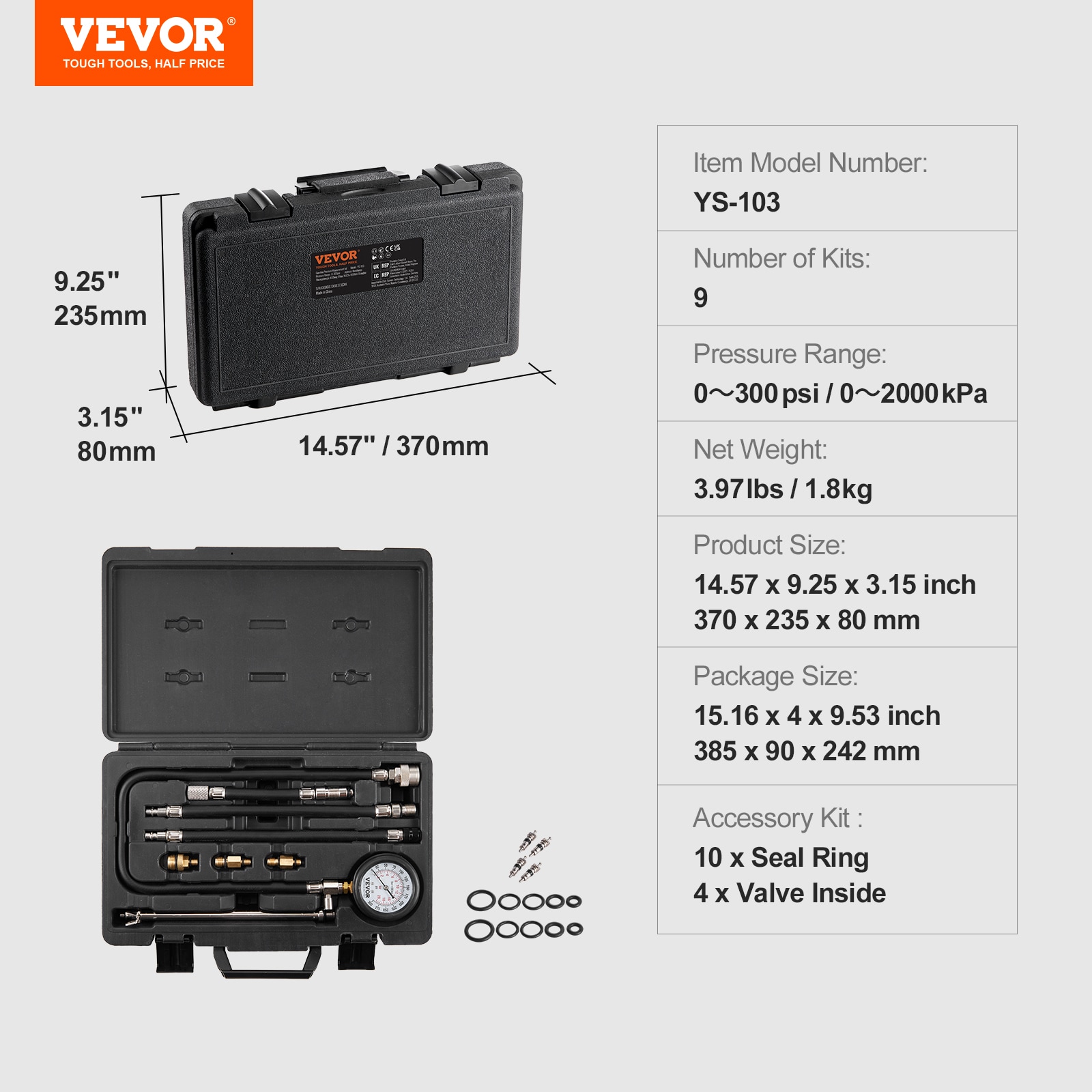 Kit de Adaptadores para Prueba de Compresión VEVOR, 9 Piezas para Pruebas de Compresión de Fugas en Cilindros de Motor Automotriz, Preciso Medidor de Presión de Doble Escala de 0 a 300 Psi, con Mangueras de Alcance Largo y Estuche para Cilindros de Motor